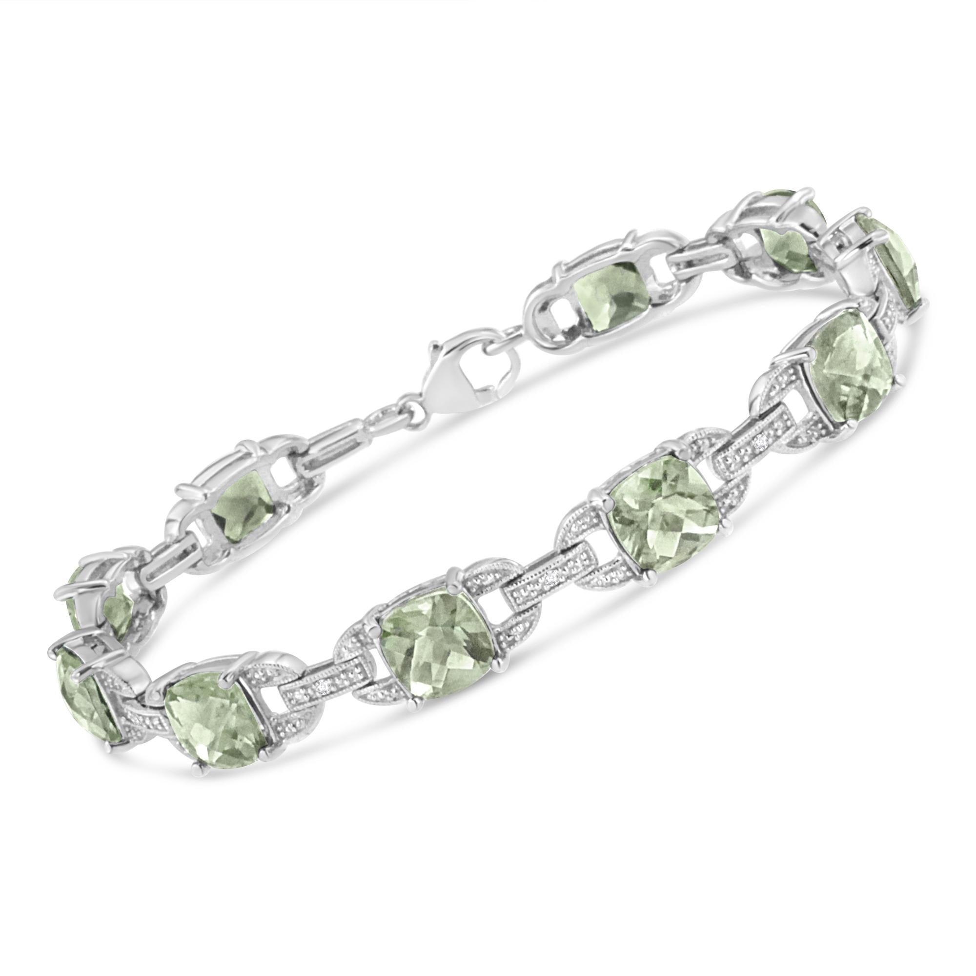 .925 Sterling Silver 7x7 mm Cushion Cut Green Amethyst and 1/20 cttw Round Cut Diamond Fashion Tennis Bracelet (I-J Color, I1-I2 Clarity) - 7" - Friggin Jewelry