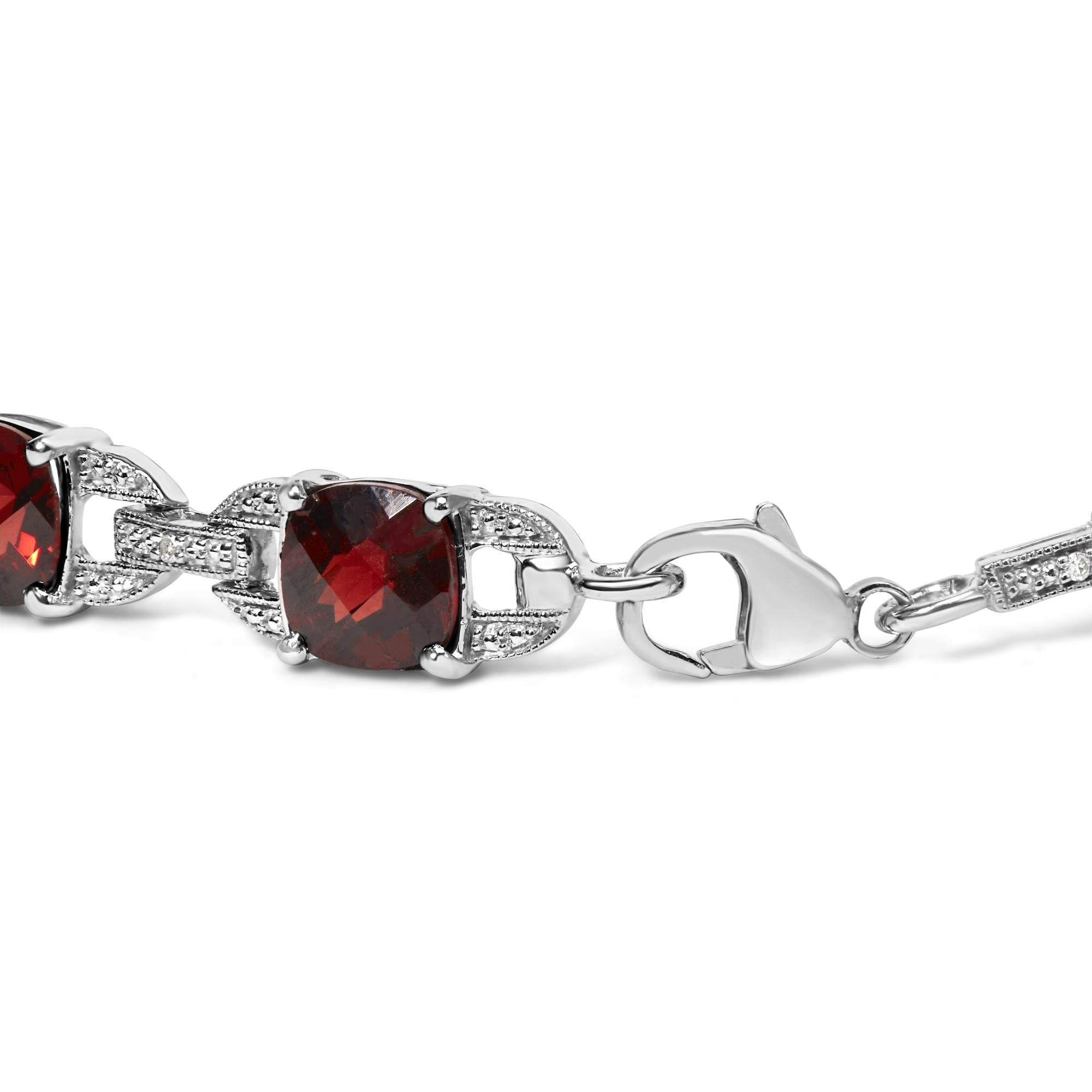 Bracciale tennis alla moda in argento sterling 925 da 7x7 mm con diamanti e granato rosso a cuscino a scacchi (colore IJ, purezza I1-I2) - Misura 7" pollici - Friggin Jewelry