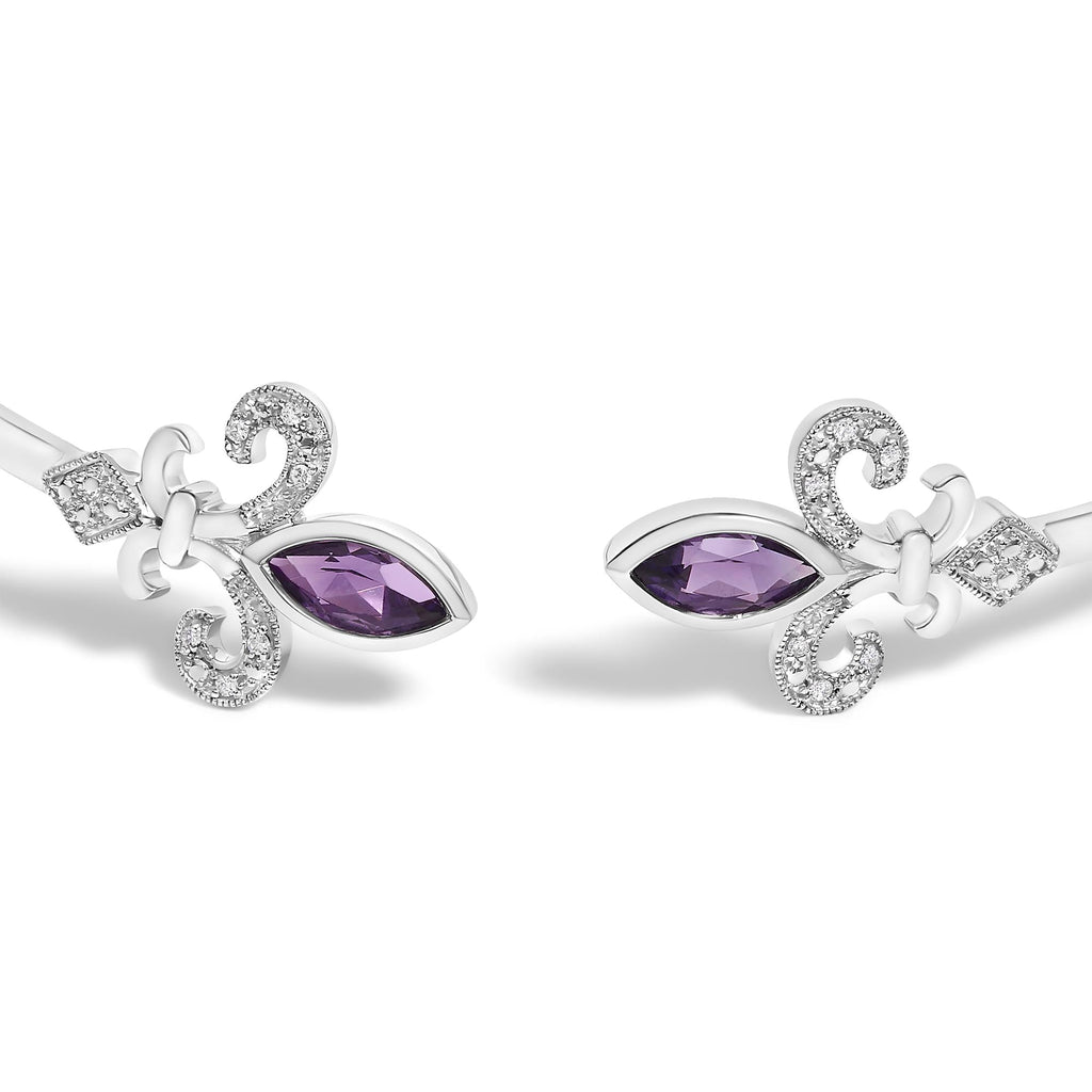 .925 Sterling Silver 8X4MM Marquise Purple Amethyst and Diamond Accent Fleur Di Lis Open Cuff Bangle (I-J Color, I1-I2 Clarity) - 7" - Friggin Jewelry