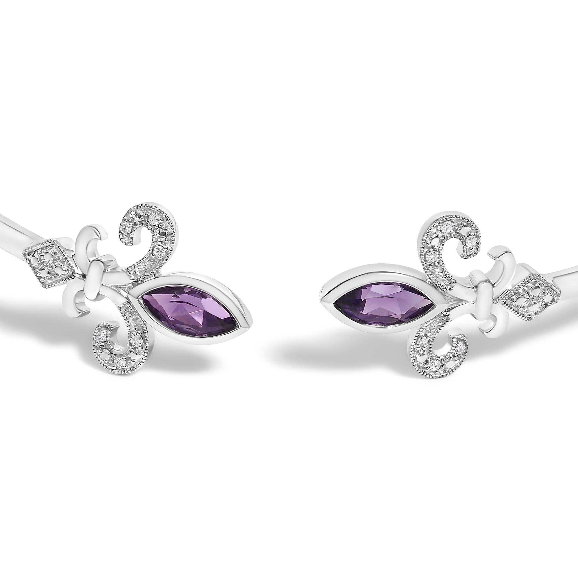 .925 Sterling Silver 8X4MM Marquise Purple Amethyst and Diamond Accent Fleur Di Lis Open Cuff Bangle (I-J Color, I1-I2 Clarity) - 7" - Friggin Jewelry