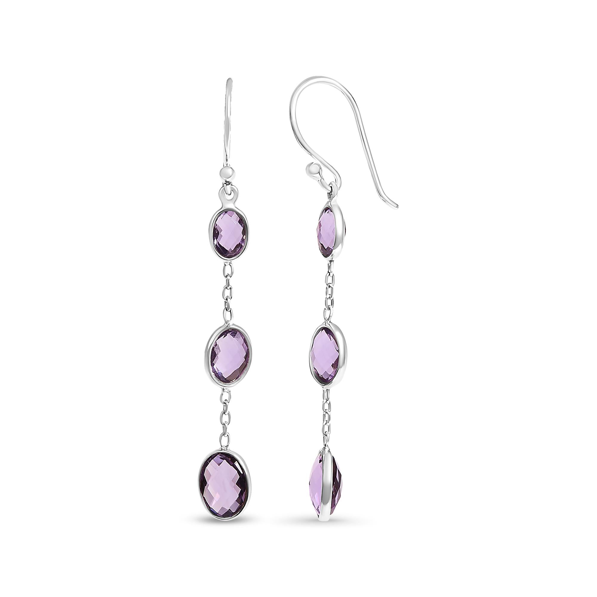 .925 Sterling Silver Checkerboard Cut Oval Purple Amethyst 2" Inch Drop and Dangle Earrings - Friggin Jewelry