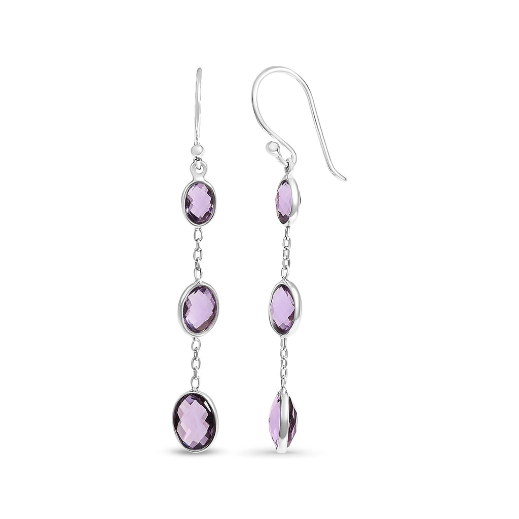 .925 Sterling Silver Checkerboard Cut Oval Purple Amethyst 2" Inch Drop and Dangle Earrings - Friggin Jewelry