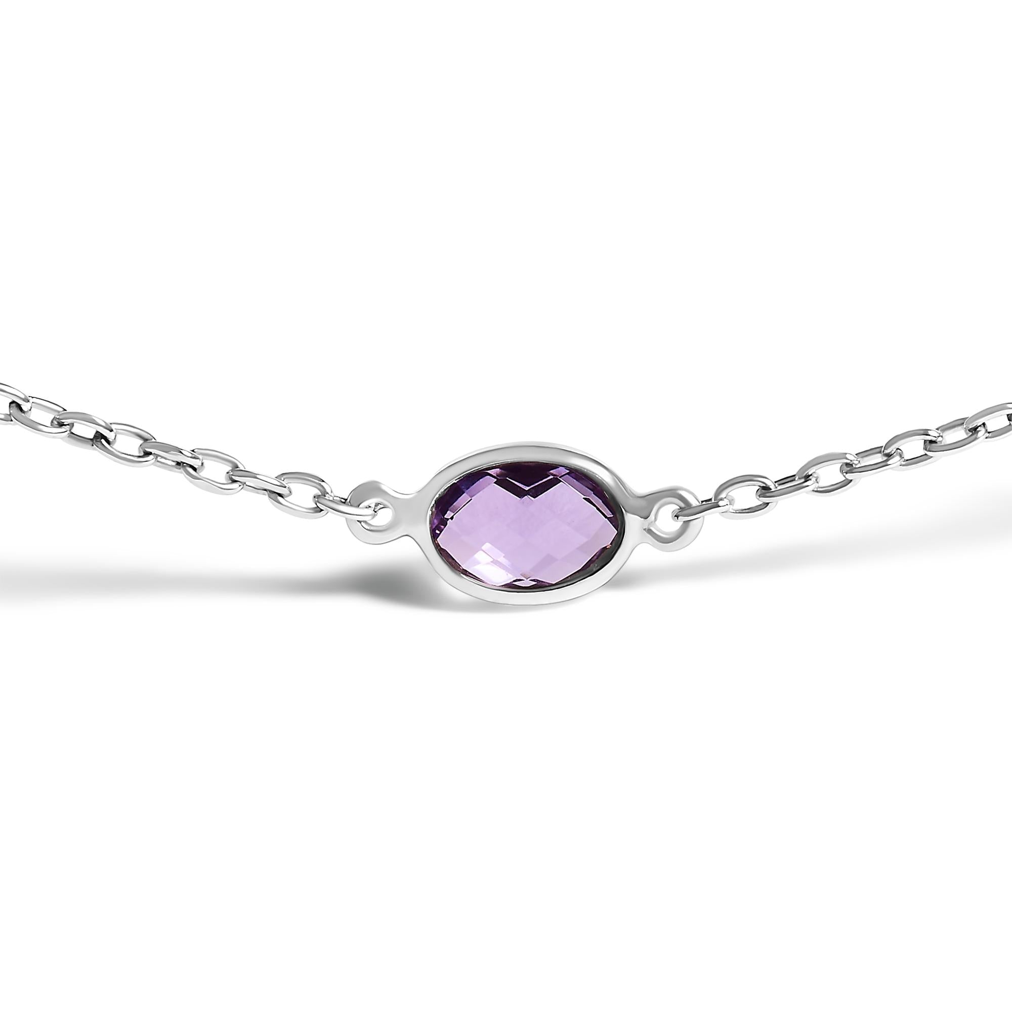 .925 Sterling Silver Checkerboard Cut Purple Amethyst Bezel Station Necklace - 22" Inches - Friggin Jewelry