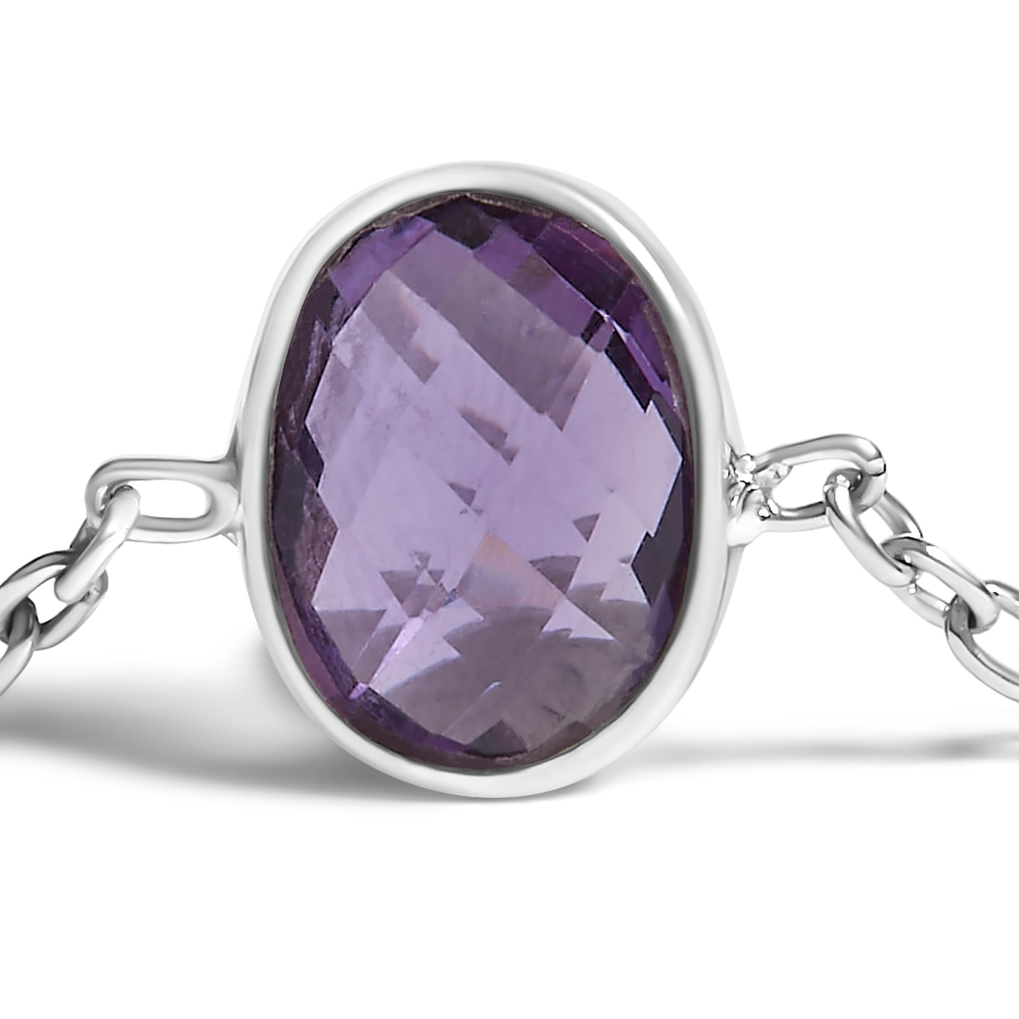 .925 Sterling Silver Bezel Set Purple Amethyst 5 Station Adjustable Bolo Bracelet - Friggin Jewelry