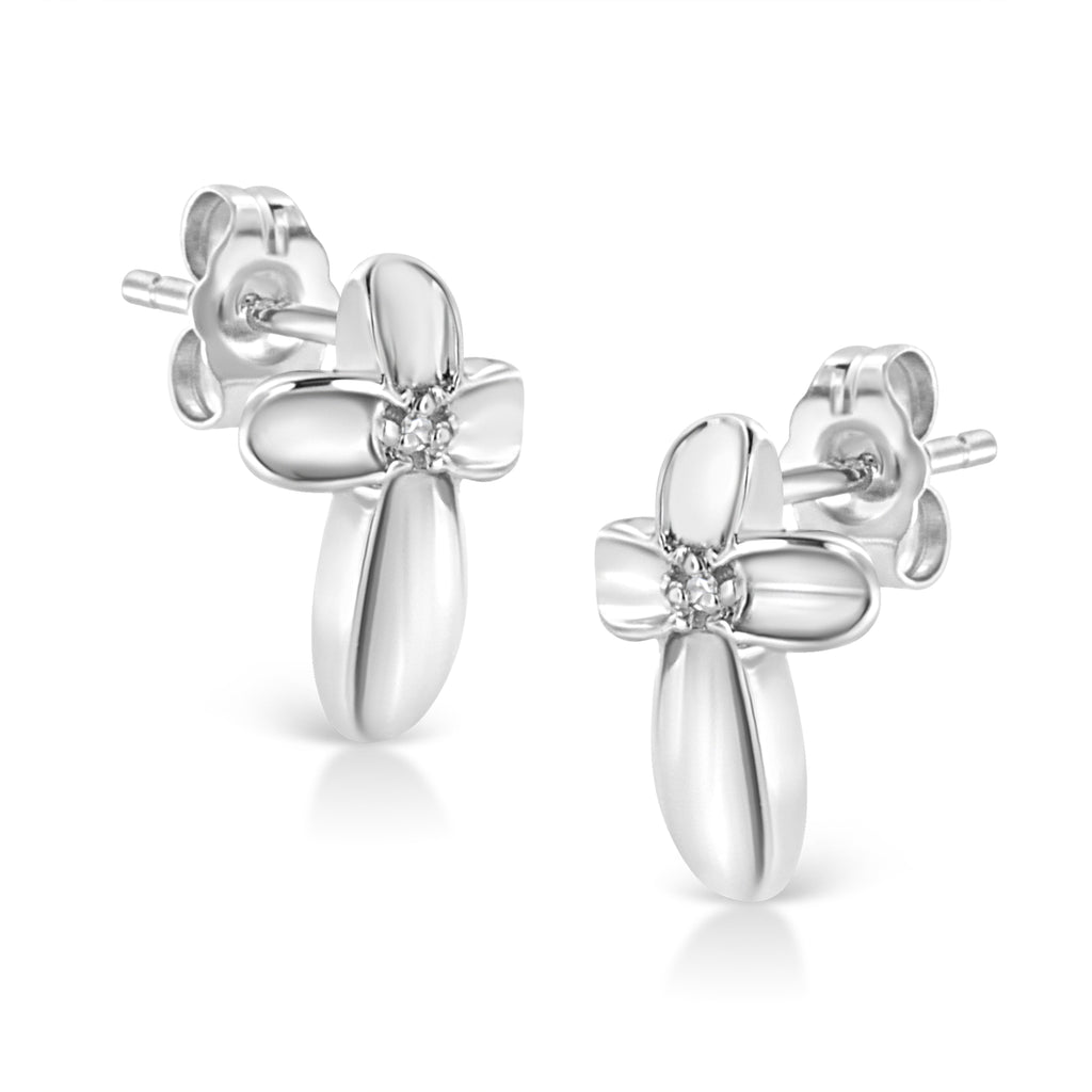.925 Sterling Silver Prong Set Diamond Accent Floral Cross Stud Earring (I-J Color, I1-I2 Clarity) - Friggin Jewelry