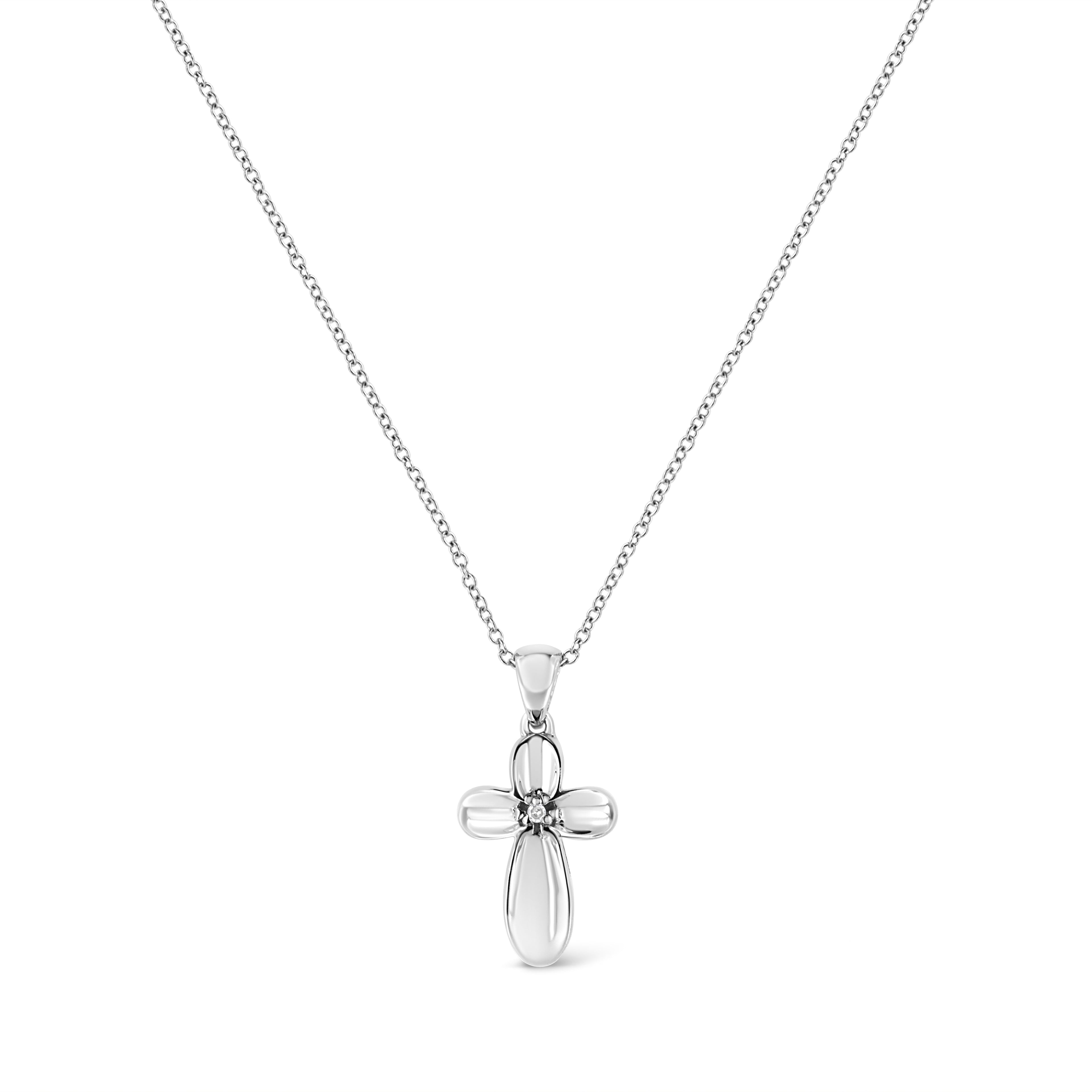 .925 Sterling Silver Prong-Set Diamond Accent Floral Cross 18" Pendant Necklace (I-J Color, I1-I2 Clarity) - Friggin Jewelry