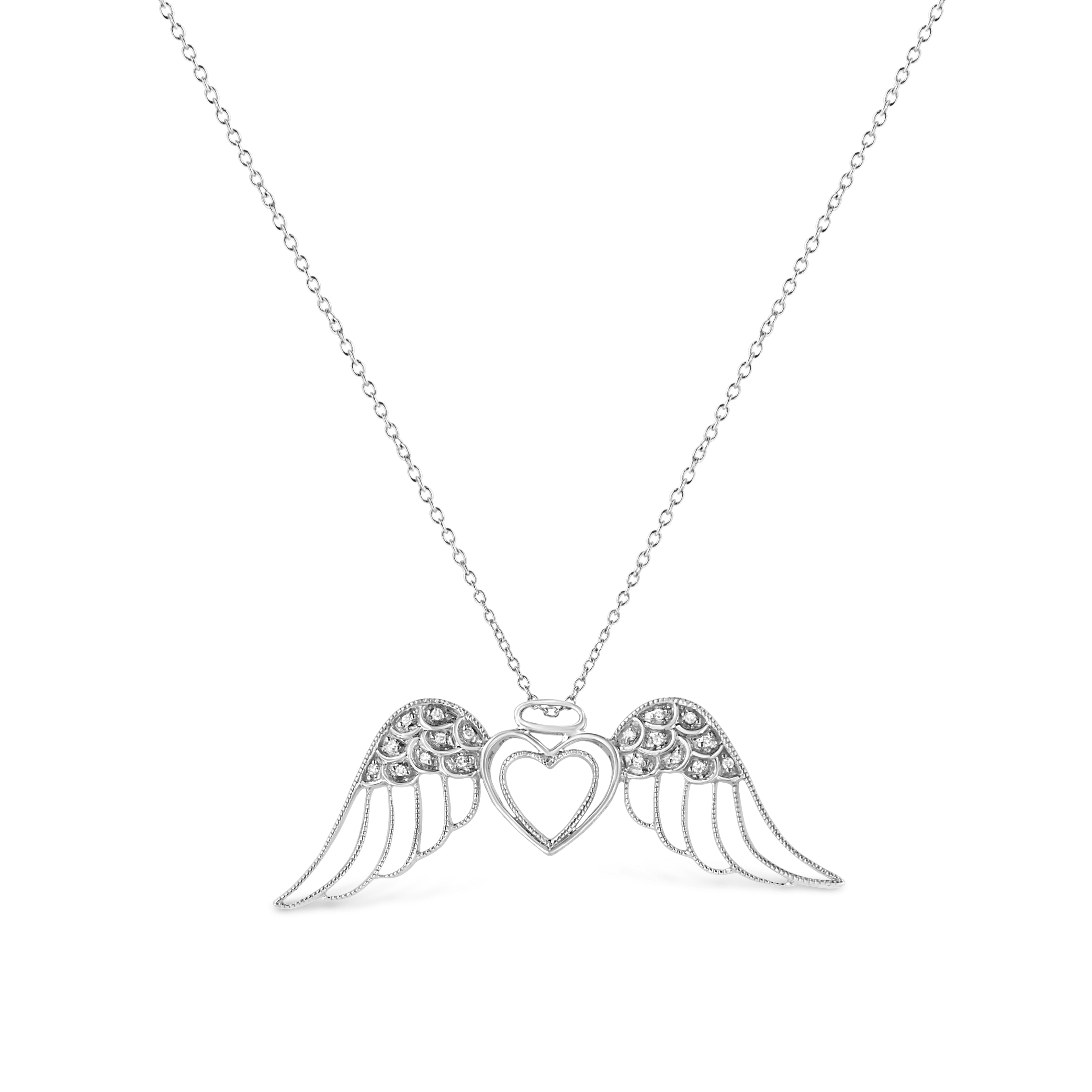 .925 Sterling Silver Pave-Set Diamond Accent Angel Wing 18" Double Heart Pendant Necklace (I-J Color, I1-I2 Clarity) - Friggin Jewelry