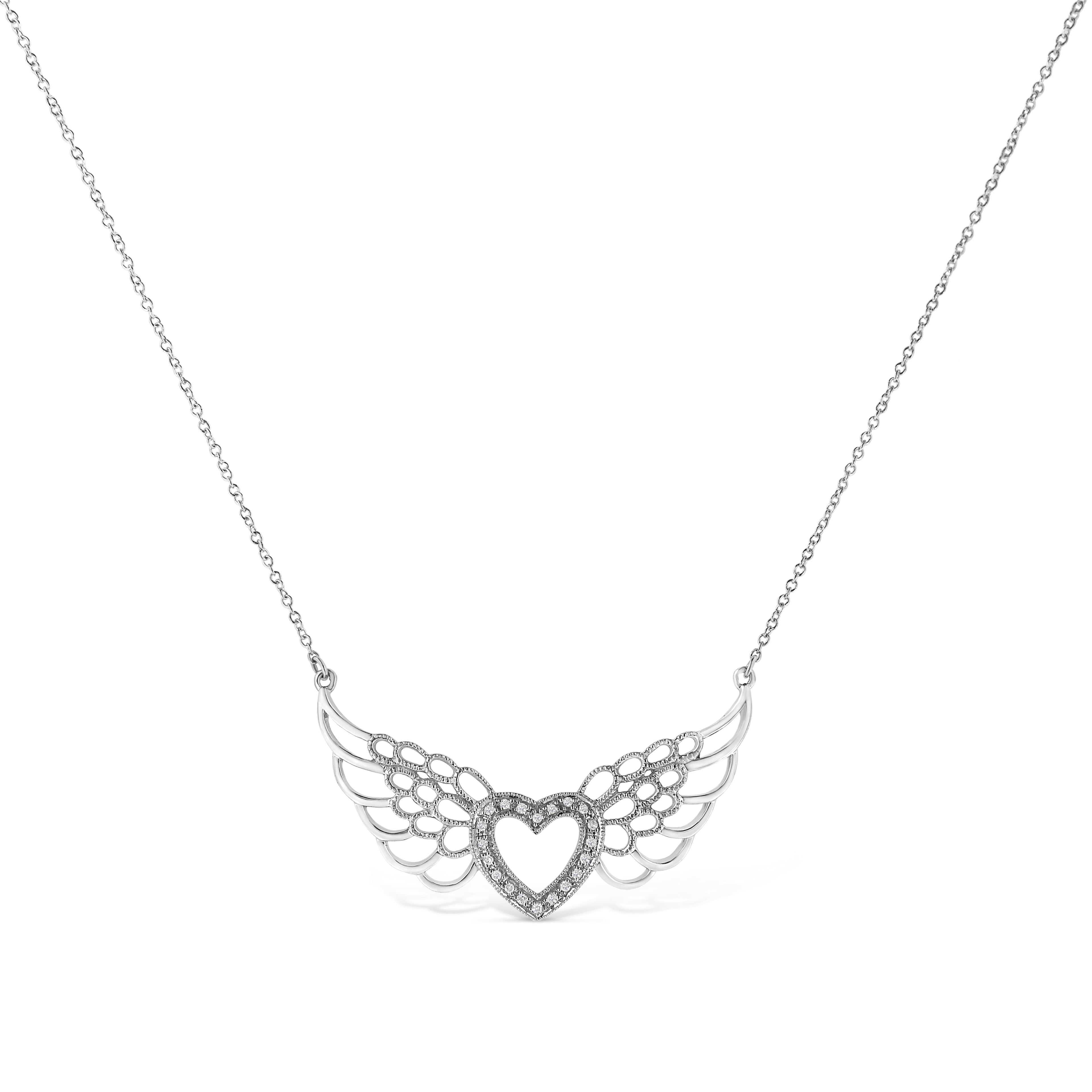 .925 Sterling Silver Pave-Set Diamond Accent Fairy Wing 18" Heart Pendant Necklace (I-J Color, I1-I2 Clarity) - Friggin Jewelry