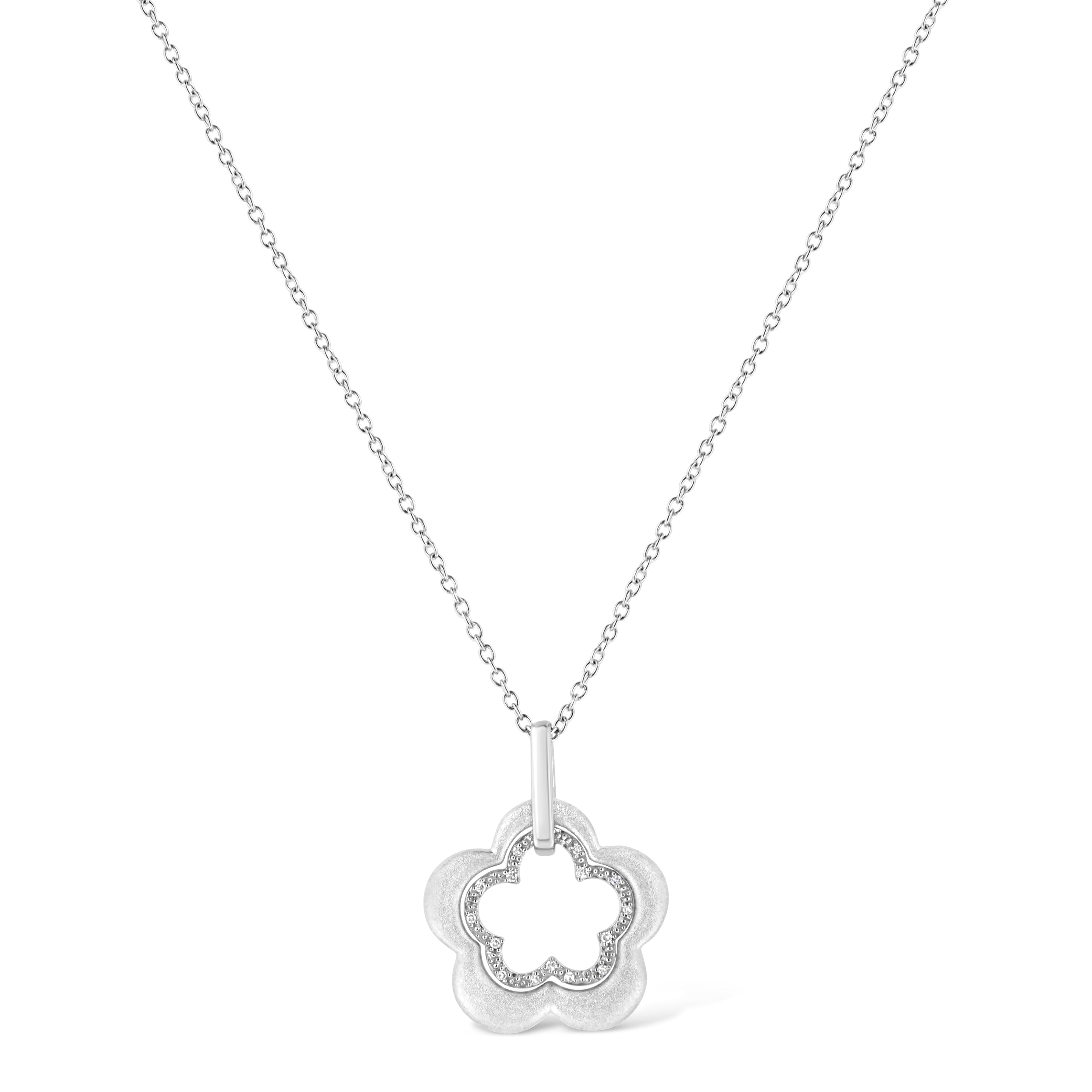 Collar con colgante de flor doble de 45 cm en plata de ley 925 con acabado mate y detalles de diamantes (color IJ, claridad I1-I2) - Friggin Jewelry