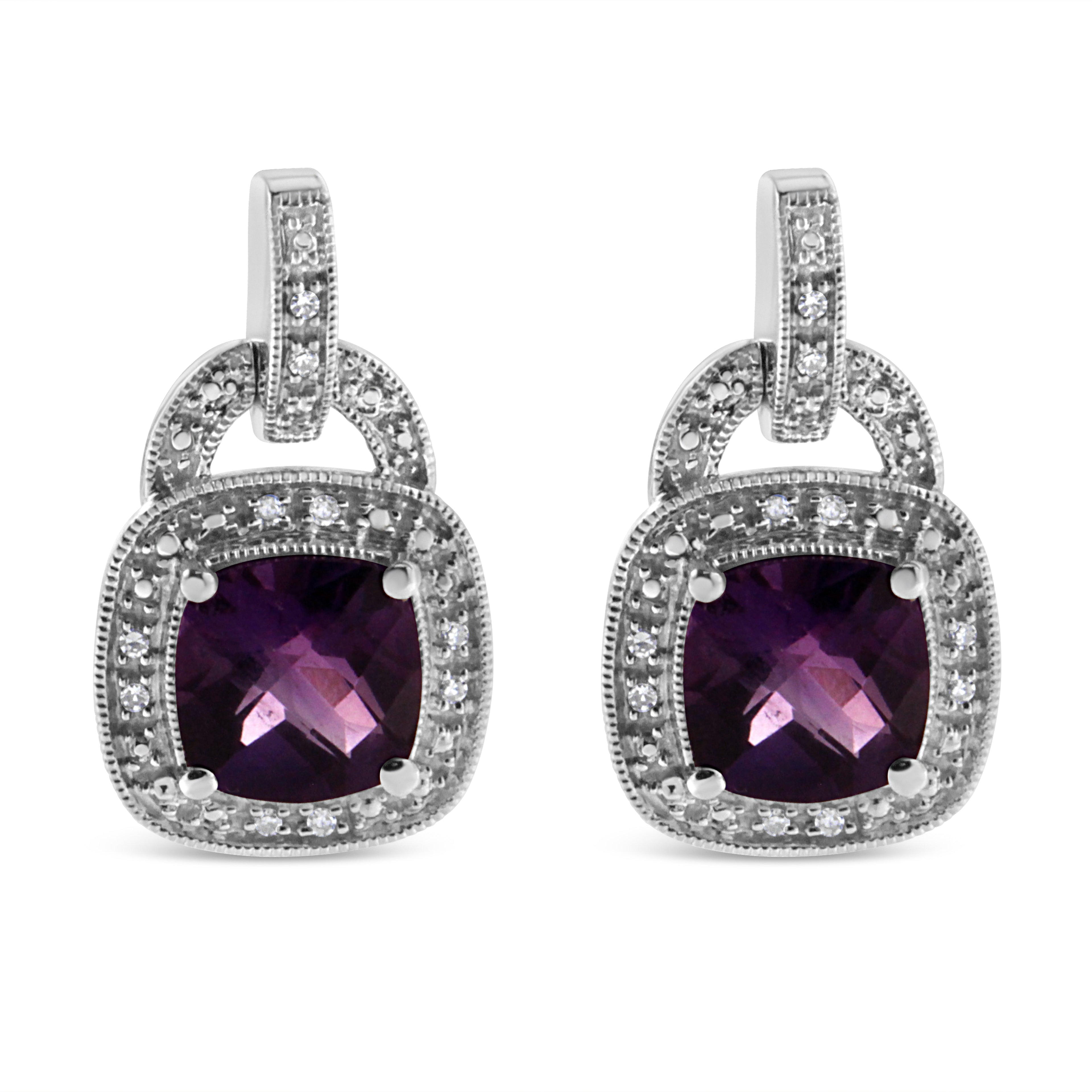.925 Sterling Silver 8MM Natural Cushion Shaped Amethyst and Diamond Accent Halo with Push Back Dangle Earrings (I-J Color, I2-I3 Clarity) - Friggin Jewelry