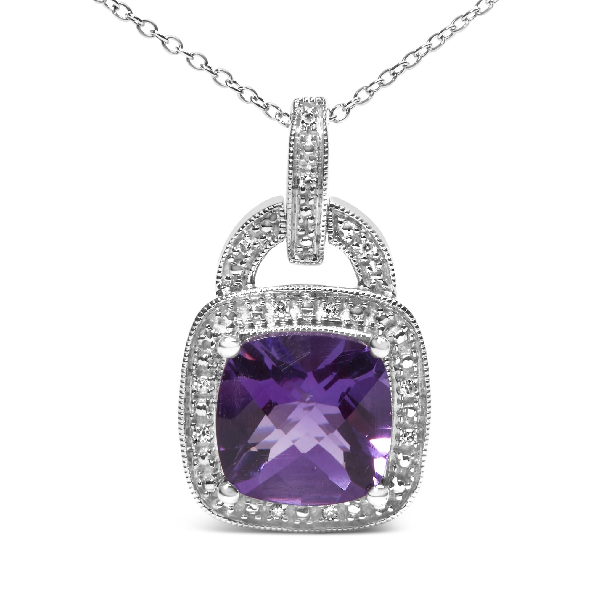 .925 Sterling Silver 10X10 MM Cushion Purple Amethyst and Diamond Accent Halo 18" Pendant Necklace (I-J Color, I1-I2 Clarity) - Friggin Jewelry