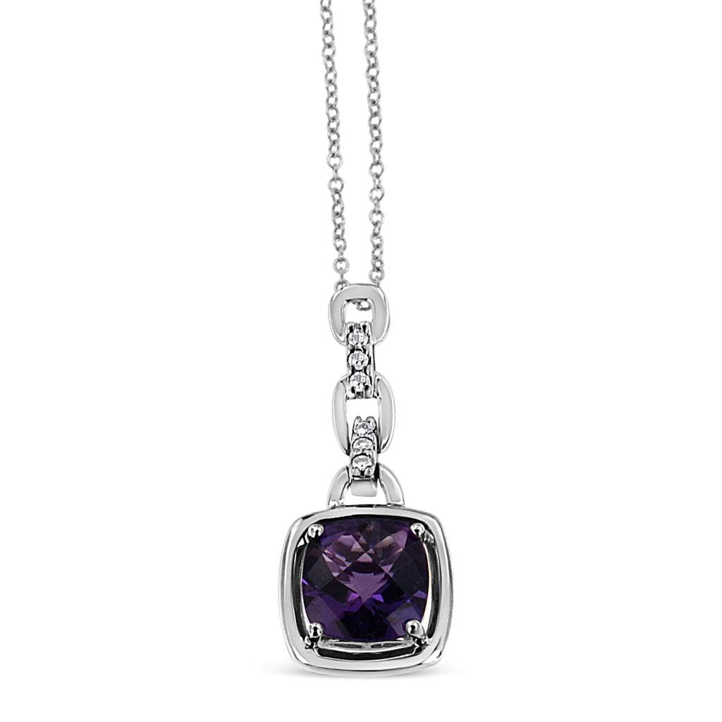 Collar con colgante de amatista morada natural en forma de cojín de 6 x 6 mm y diamantes, de 45 cm (color IJ, claridad I1-I2) en plata de ley 925 - Friggin Jewelry