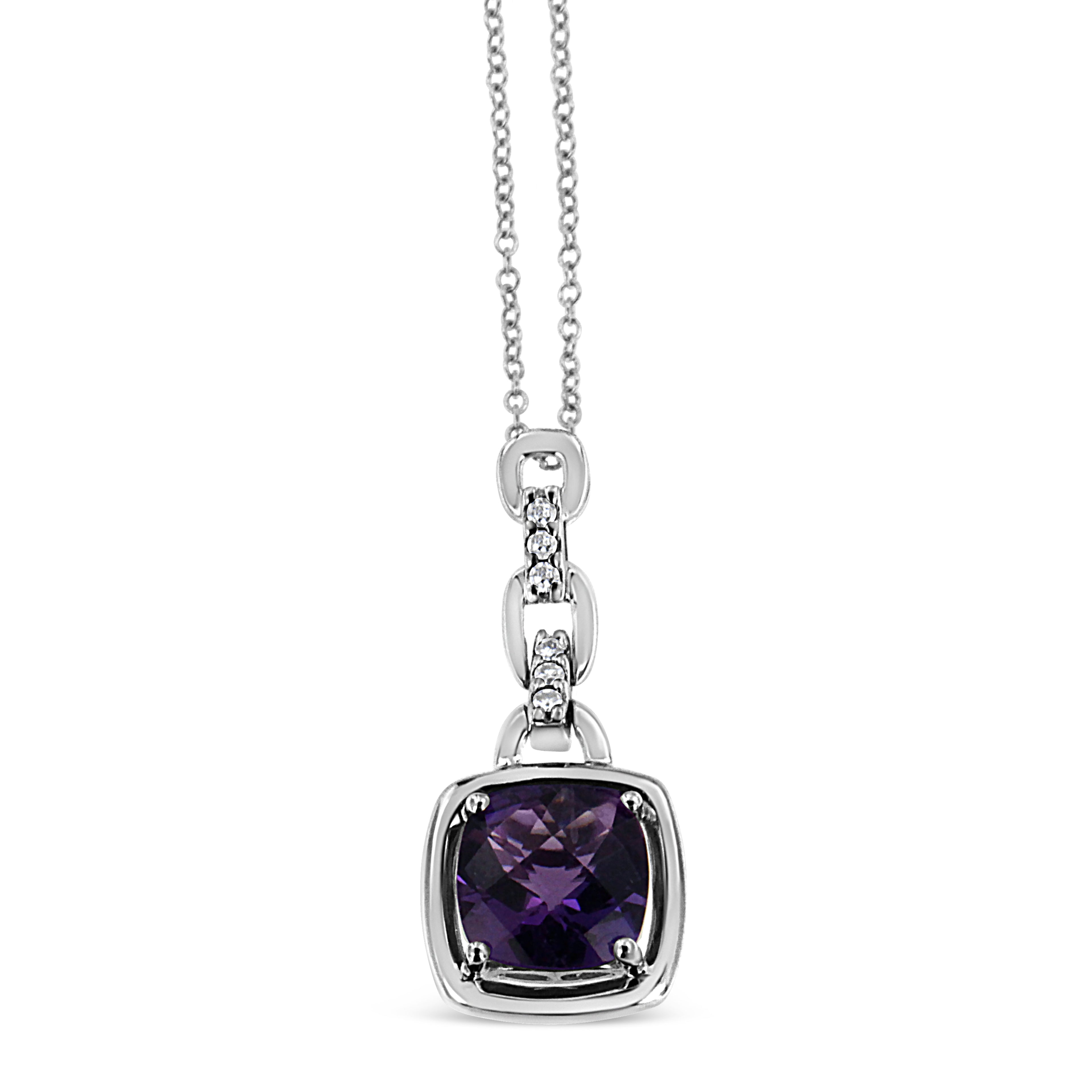 .925 Sterling Silver 6x6MM Cushion Shaped Natural Purple Amethyst and Diamond Accented Bale 18" Inch Pendant Necklace (I-J Color, I1-I2 Clarity) - Friggin Jewelry