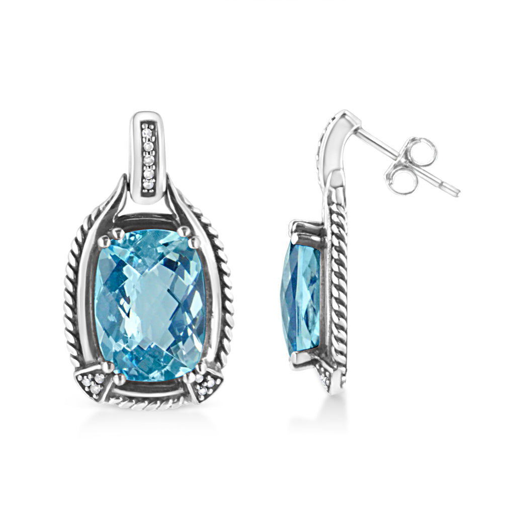 .925 Sterling Silver 14x10MM Cushion Cut Blue Topaz Gemstone and Diamond Accent Dangle Earring (I-J Color, I1-I2 Clarity) - Friggin Jewelry