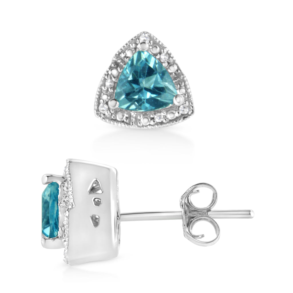 .925 Sterling Silver 6x6 mm Trillion Cut Blue Topaz Gemstone and Diamond Accent Stud Earring (I-J Color, I1-I2 Clarity) - Friggin Jewelry