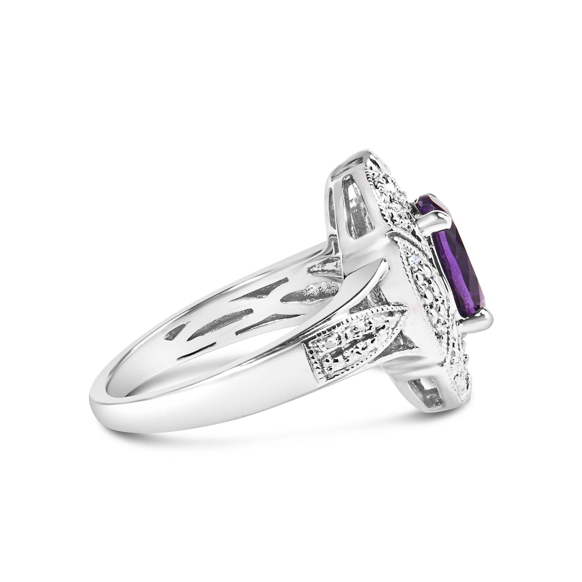 .925 Sterling Silver 9x7mm Oval Purple Amethyst and Round Diamond Accent Fashion Cocktail Ring (I-J Color, I1-I2 Clarity) - Friggin Jewelry