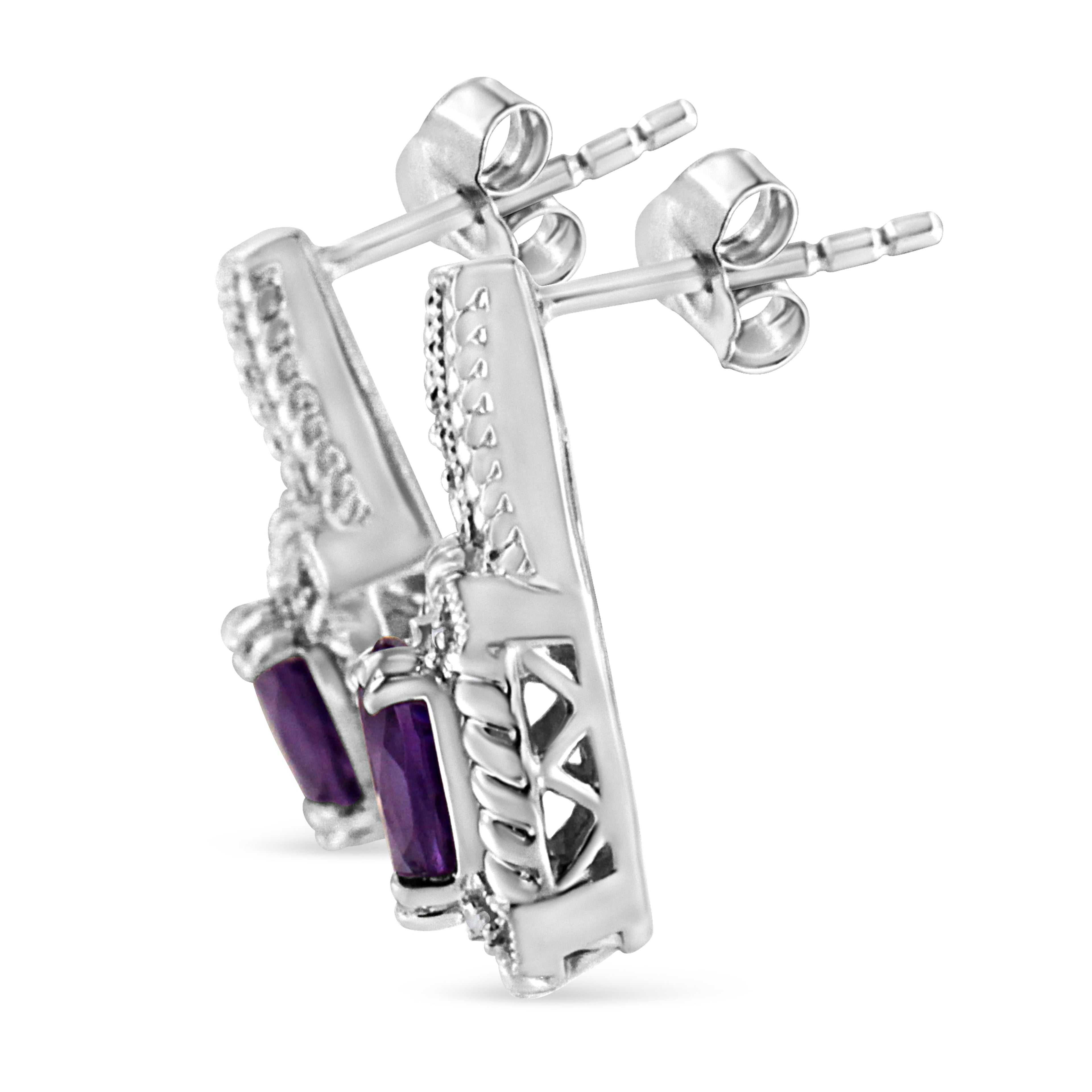 .925 Sterling Silver 8x6 MM Natural Oval Purple Amethyst Gemstone and Diamond Accent Art Deco Style Drop and Dangle Earrings (I-J Color, I1-I2 Clarity) - Friggin Jewelry