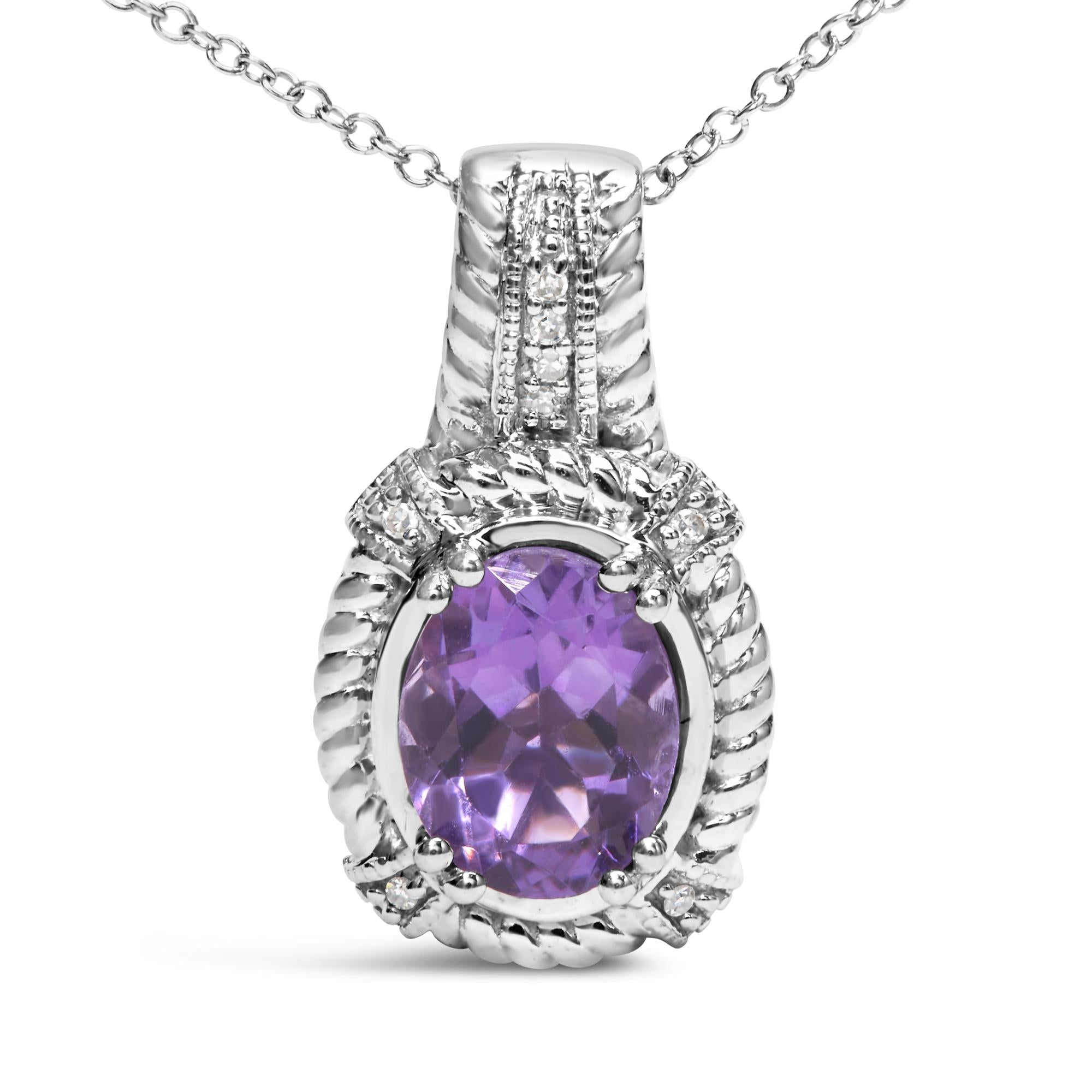 .925 Sterling Silver 9x7mm Oval Purple Amethyst and Round Diamond Accent Fashion Drop Pendant 18 Inch Necklace (I-J Color, I1-I2 Clarity) - Friggin Jewelry