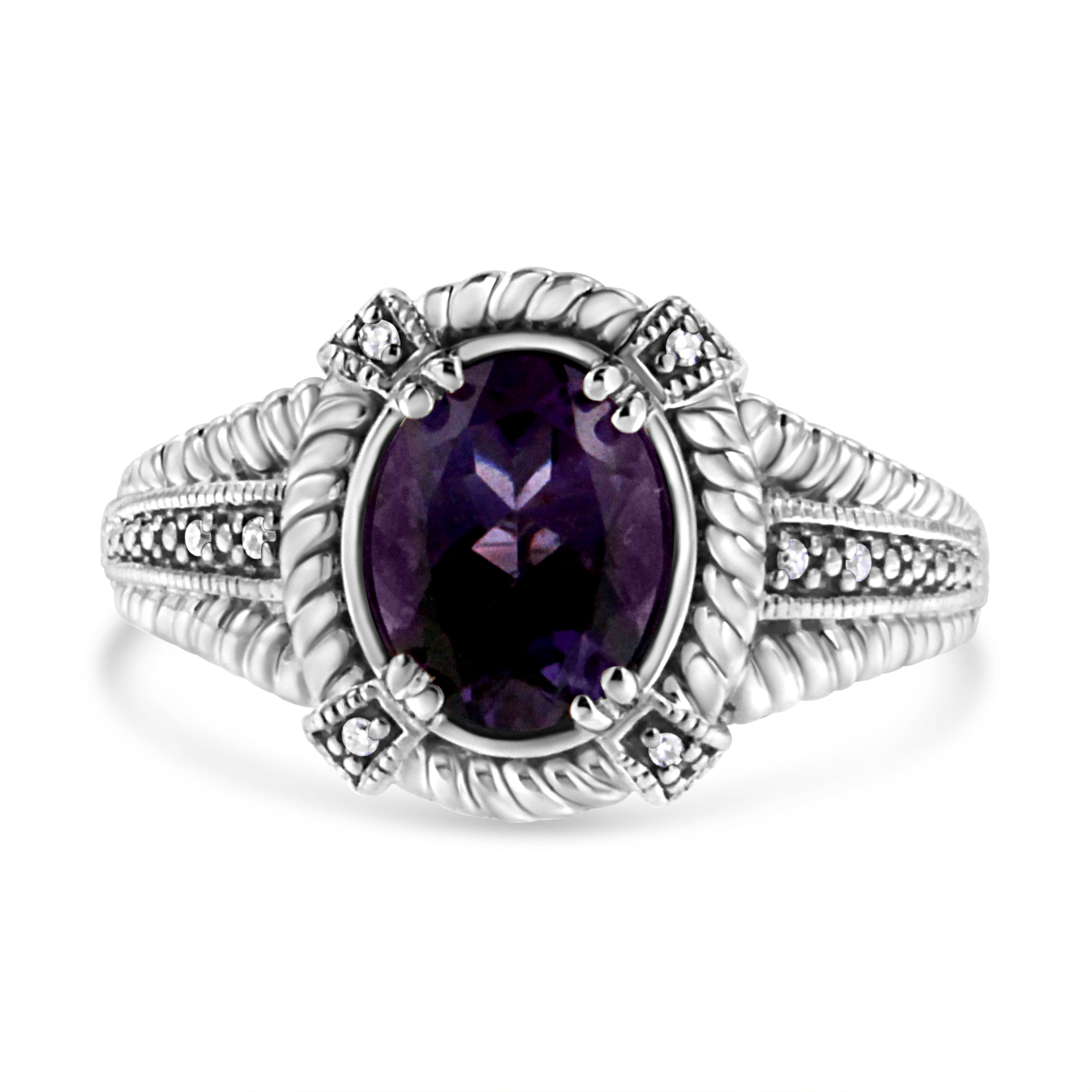.925 Sterling Silver Prong Set Natural Oval Shape 9X7 MM Purple Amethyst Solitaire and Diamond Accent Ring (I-J Color, I1-I2 Clarity) - Friggin Jewelry