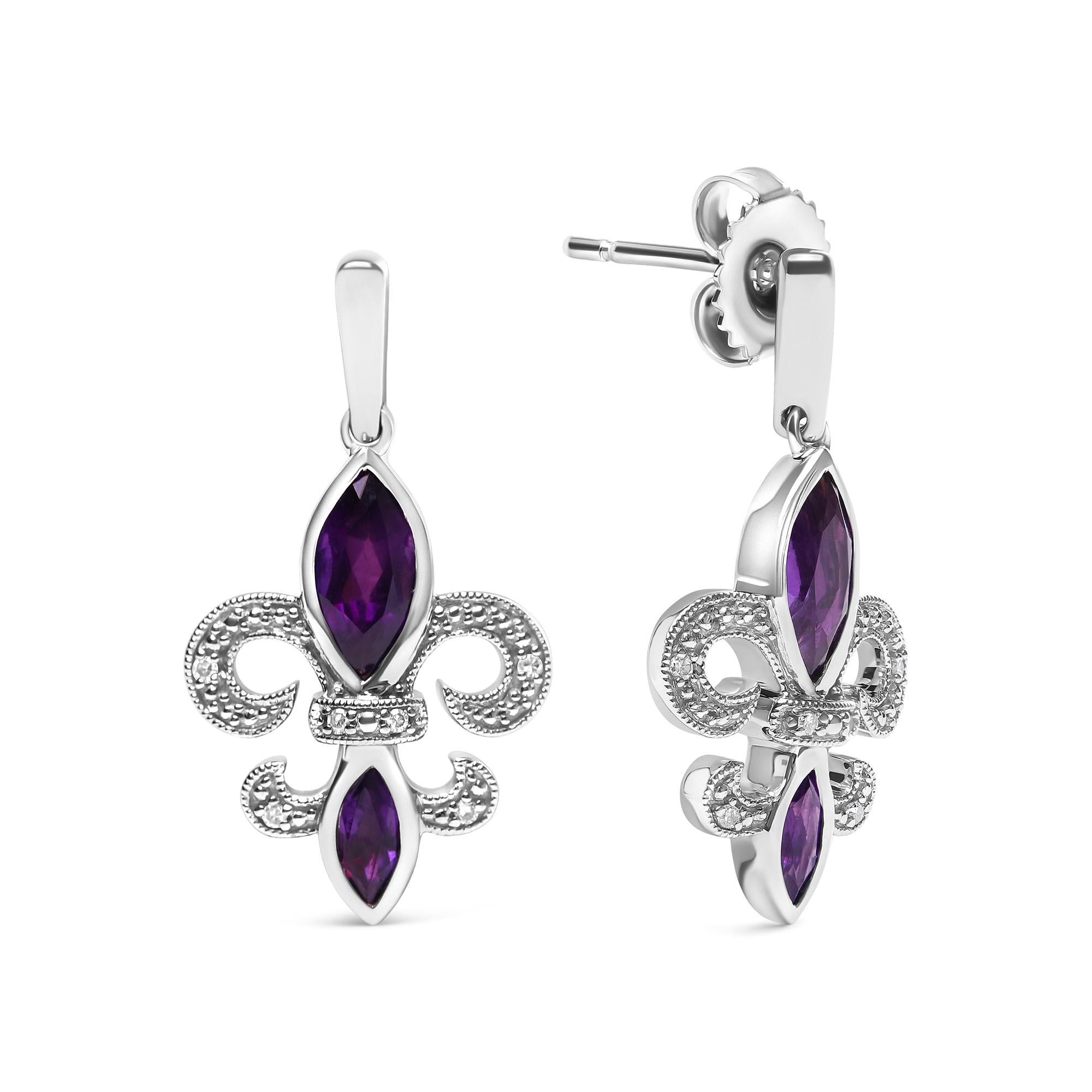 .925 Sterling Silver Marquise Cut Amethyst and Diamond Accent Fleur De Lis Dangle Stud Earrings (H-I Color, SI1-SI2 Clarity) - Friggin Jewelry