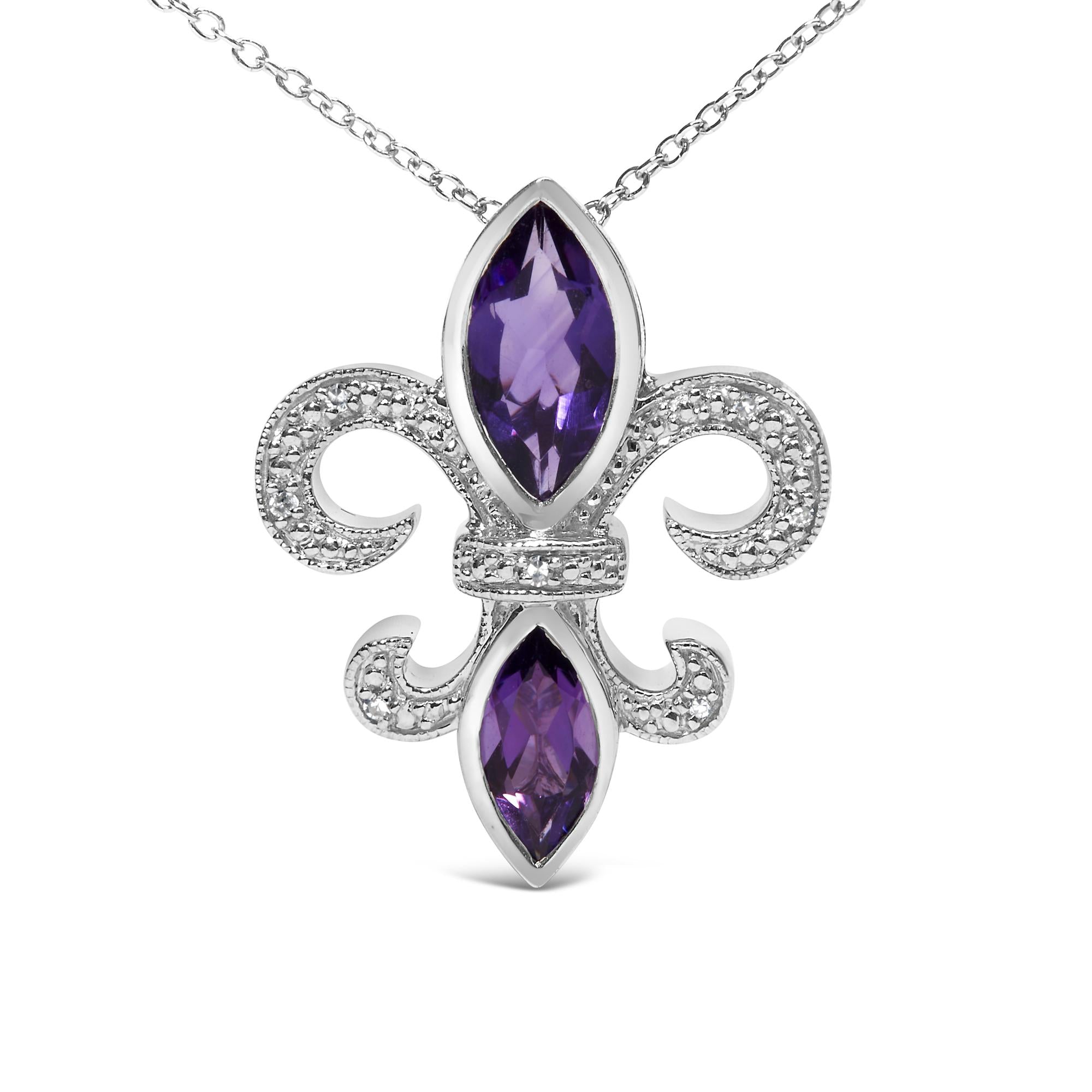 Collar con colgante de flor de lis con amatista morada, talla marquesa y detalles de diamantes en plata de ley 925 (color HI, claridad SI1-SI2) - Talla 45,7 cm - Friggin Jewelry