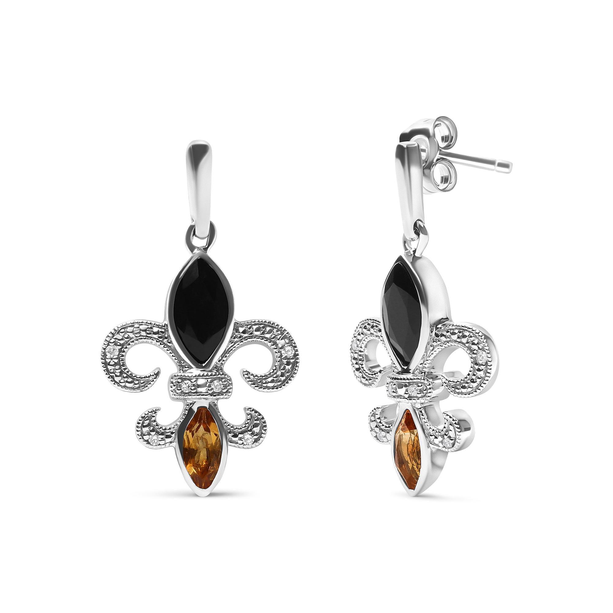 .925 Sterling Silver Marquise Cut Onyx and Citrine with Diamond Accent Fleur De Lis Drop Stud Earrings (H-I Color, SI1-SI2 Clarity) - Friggin Jewelry