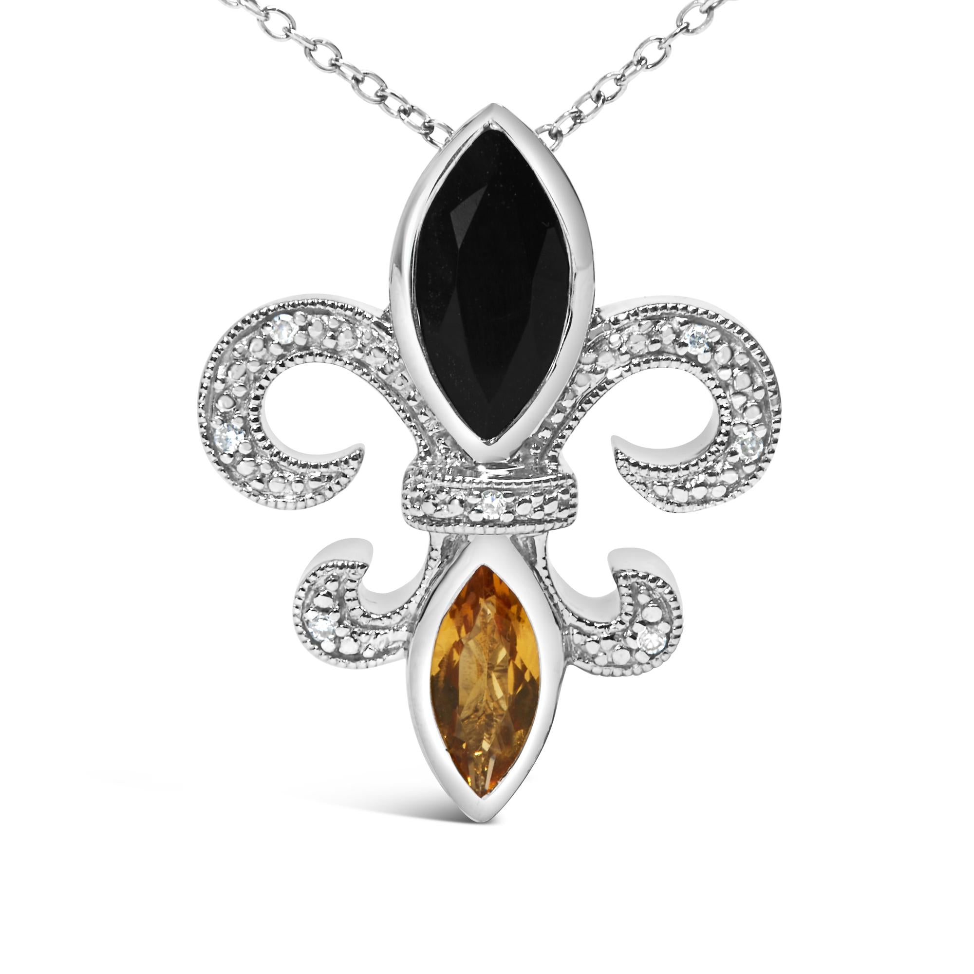.925 Sterling Silver Marquise Onyx and Citrine and Diamond Accent Fleur De Lis Pendant Necklace (H-I Color, SI1-SI2 Clarity) - 18" - Friggin Jewelry