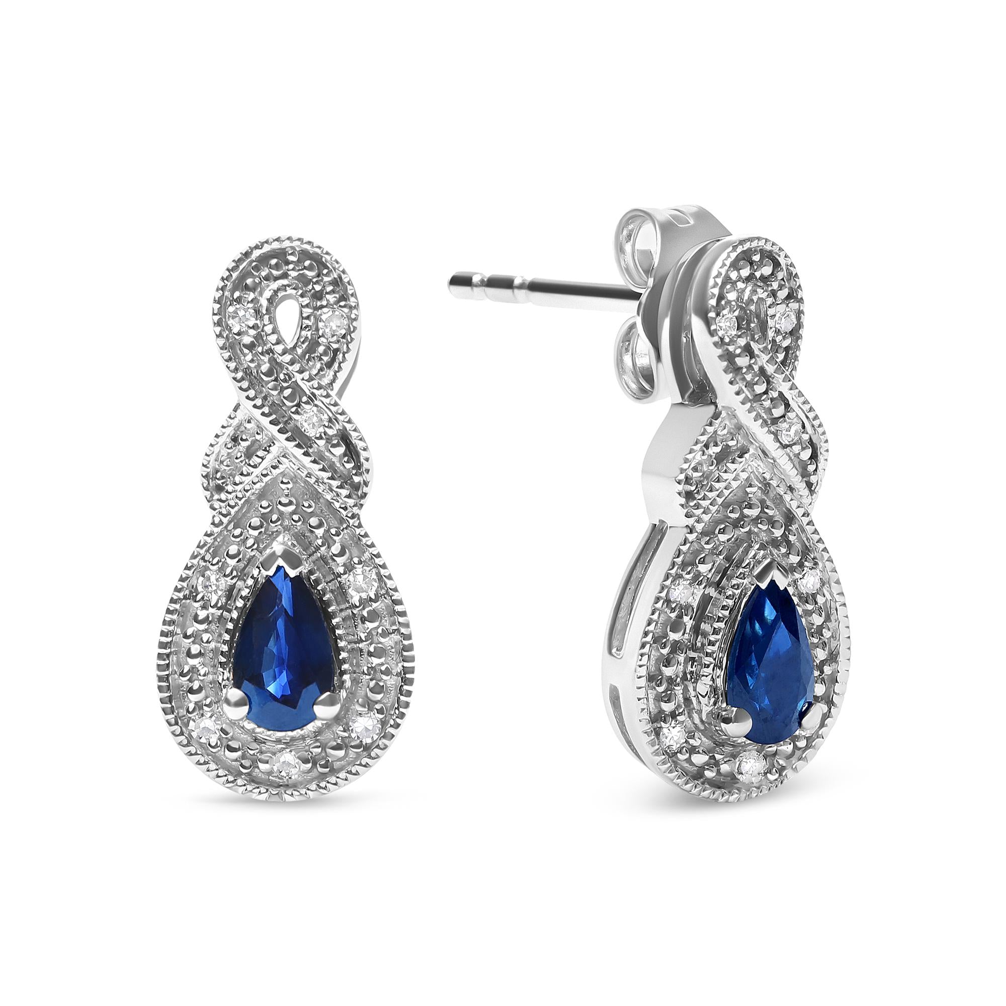Pendientes de botón con forma de infinito en plata de ley 925 de 4,5 x 3 mm con zafiro en forma de pera y detalles de diamantes (color HI, claridad SI1-SI2) - Friggin Jewelry