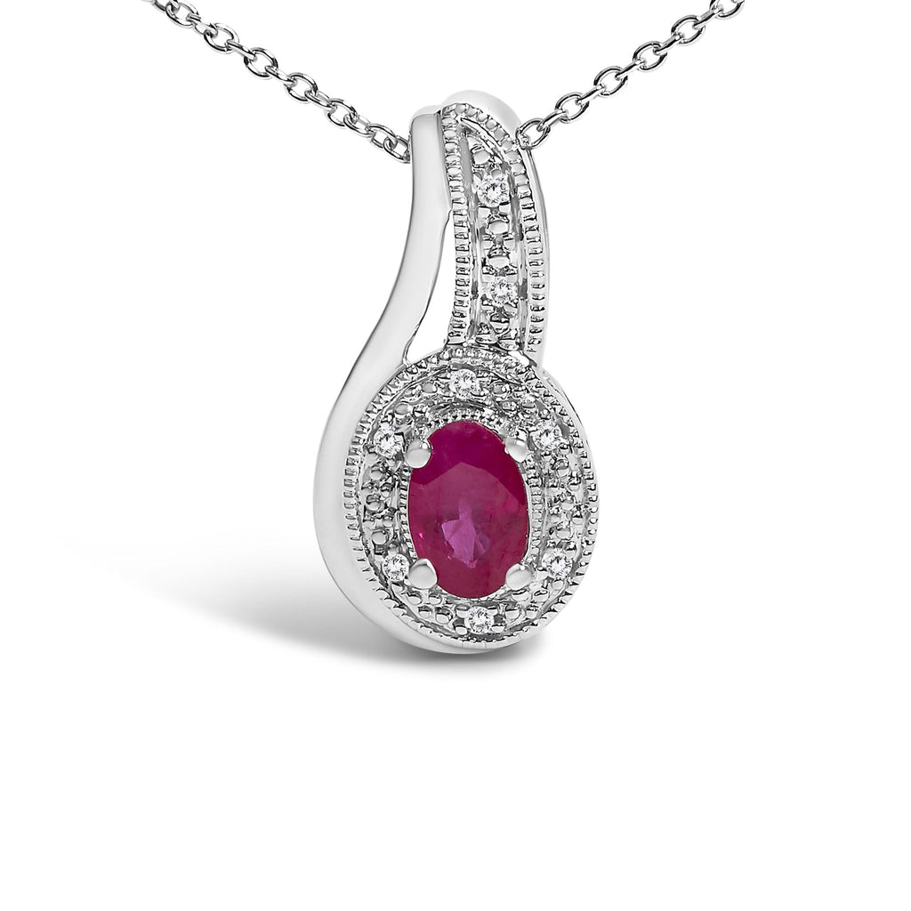 .925 Sterling Silver Red Ruby and Diamond Accent Milgrain Swirl Pendant Necklace - 18" Inches - Friggin Jewelry