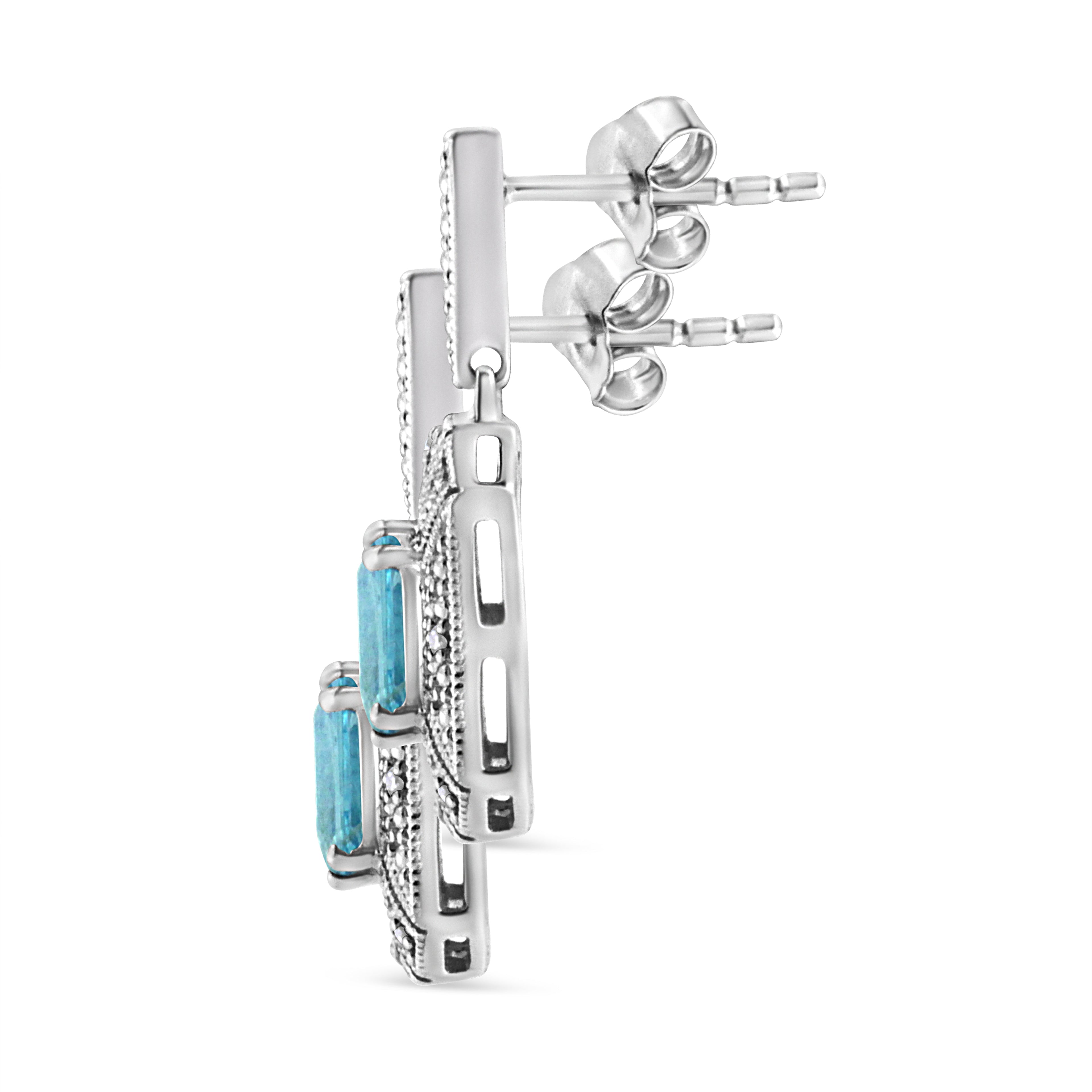 .925 Sterling Silver 7x5MM Emerald Shape Blue Topaz and Diamond Accent Art Deco Halo Style Drop and Dangle Earrings (I-J Color, I1-I2 Clarity) - Friggin Jewelry