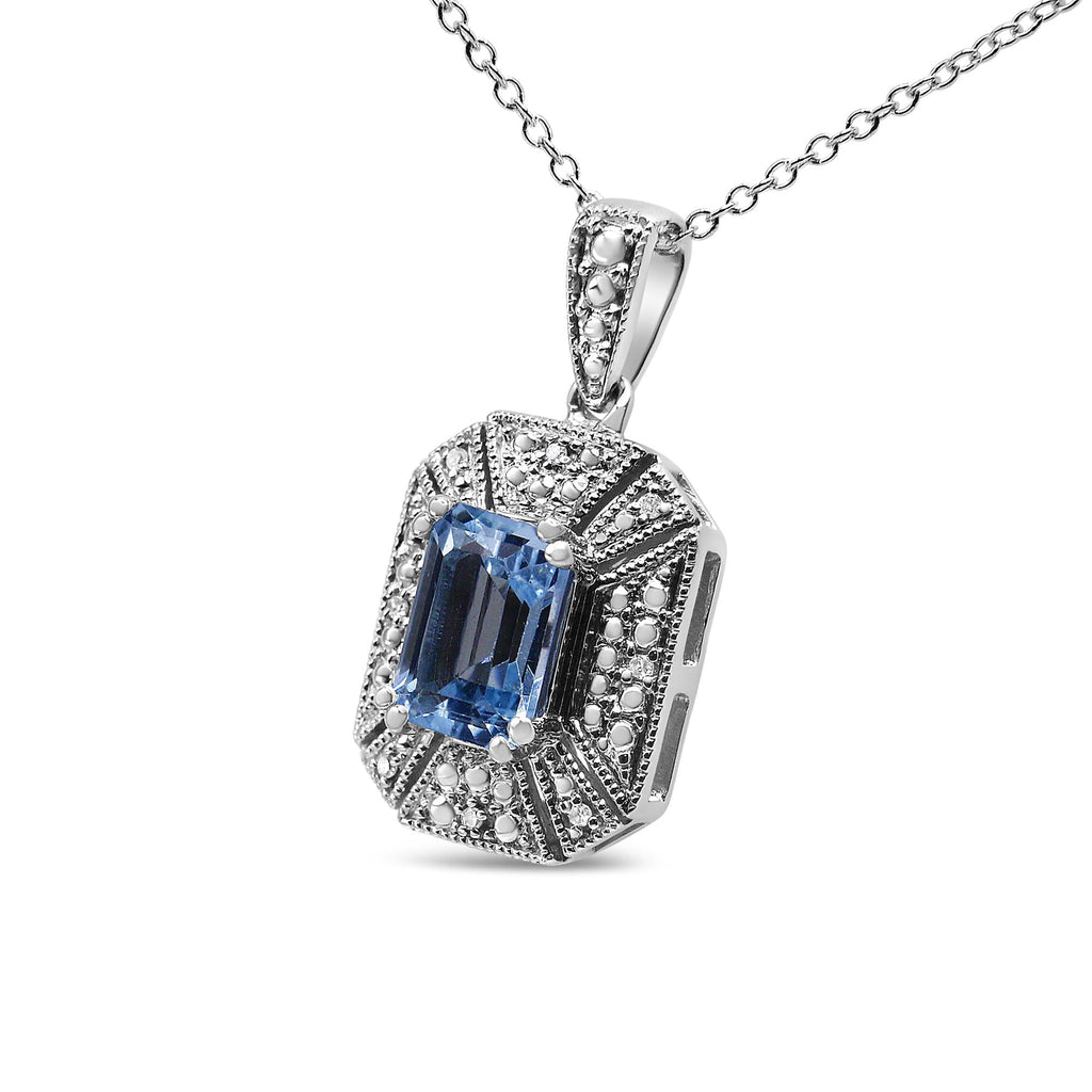 .925 Sterling Silver Blue Topaz and Diamond Accent Art Deco Style 18" Pendant Necklace (I-J Color, I1-I2 Clarity) - Friggin Jewelry