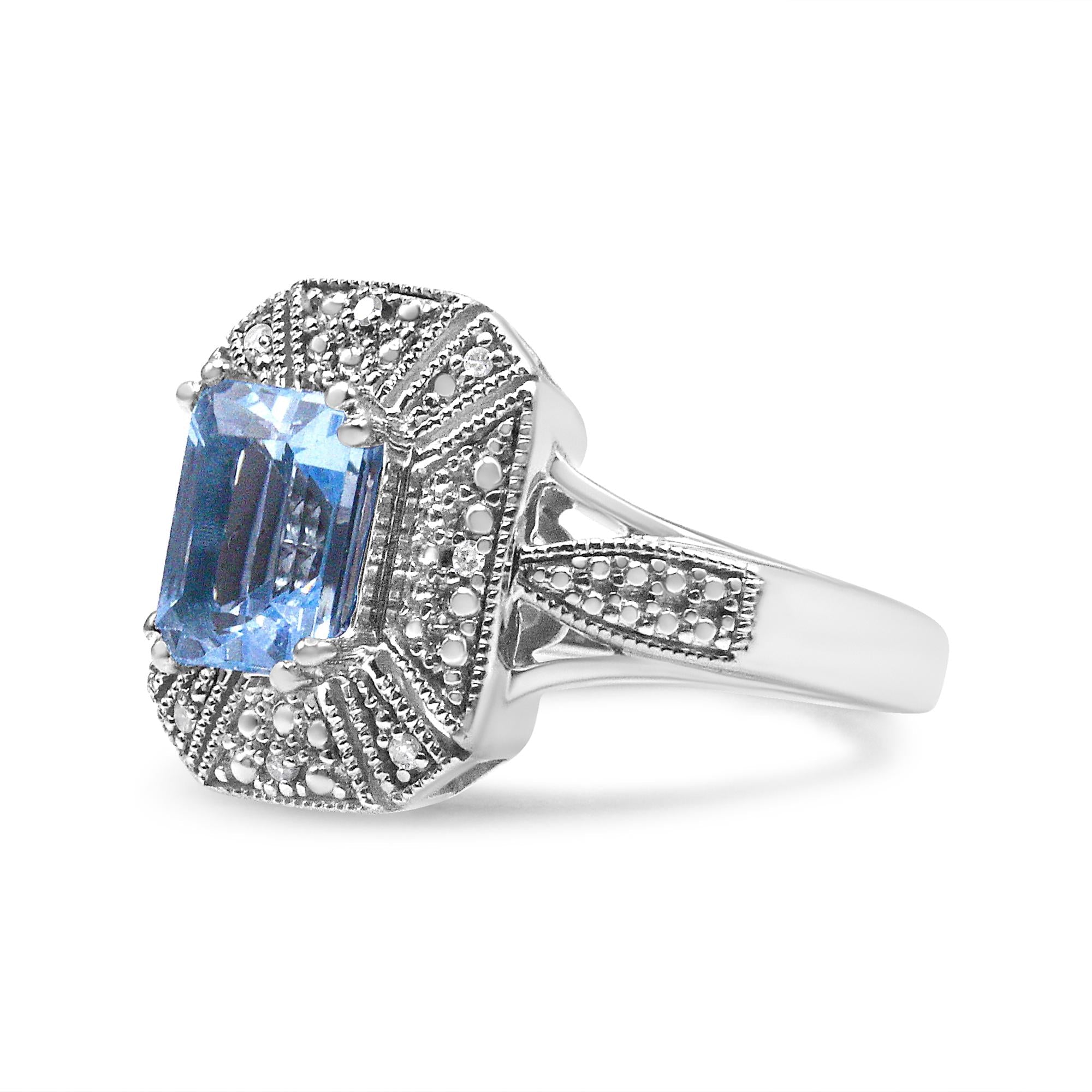 .925 Sterling Silver Diamond Accent and 8X6 mm Emerald-Shape Blue Topaz Ring (I-J Color, I2-I3 Clarity) - Friggin Jewelry