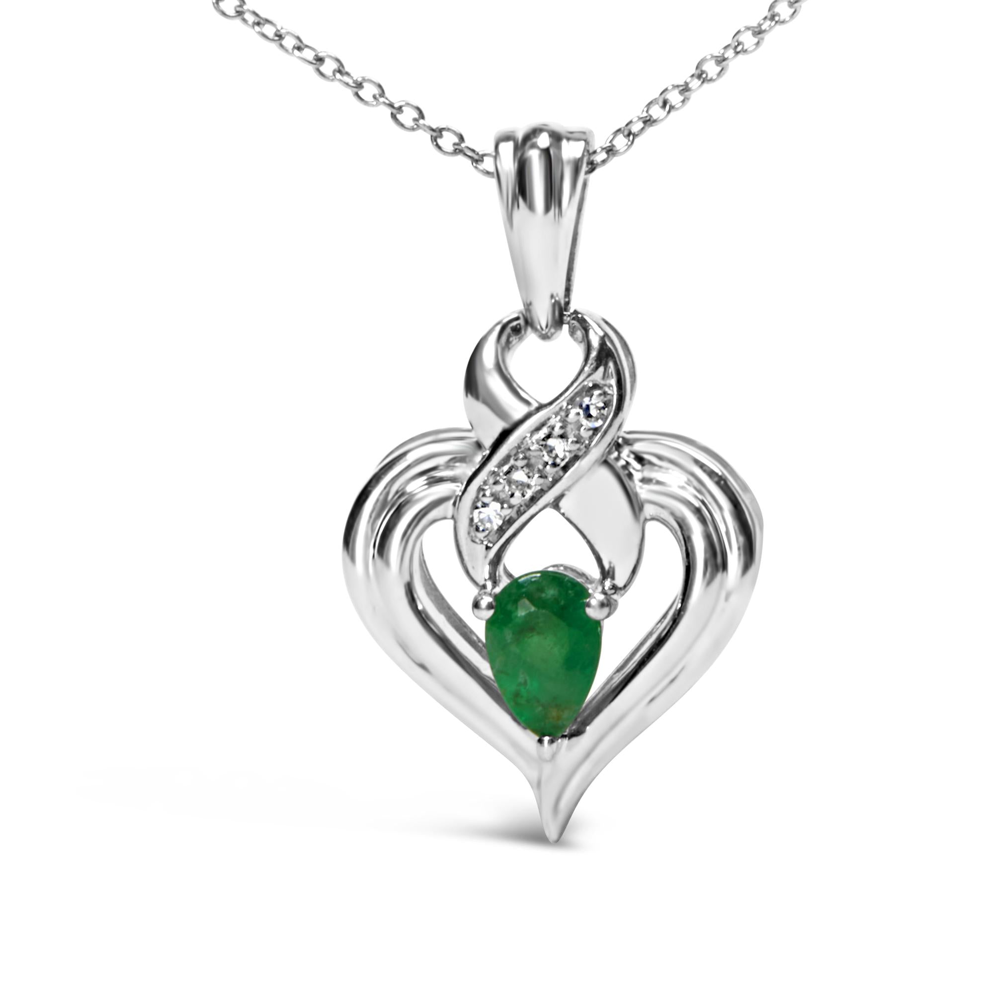 .925 Sterling Silver 6x4mm Pear Emerald and Diamond Accent Heart Pendant Necklace (H-I Color, SI1-SI2 Clarity) - 18 Inches - Friggin Jewelry