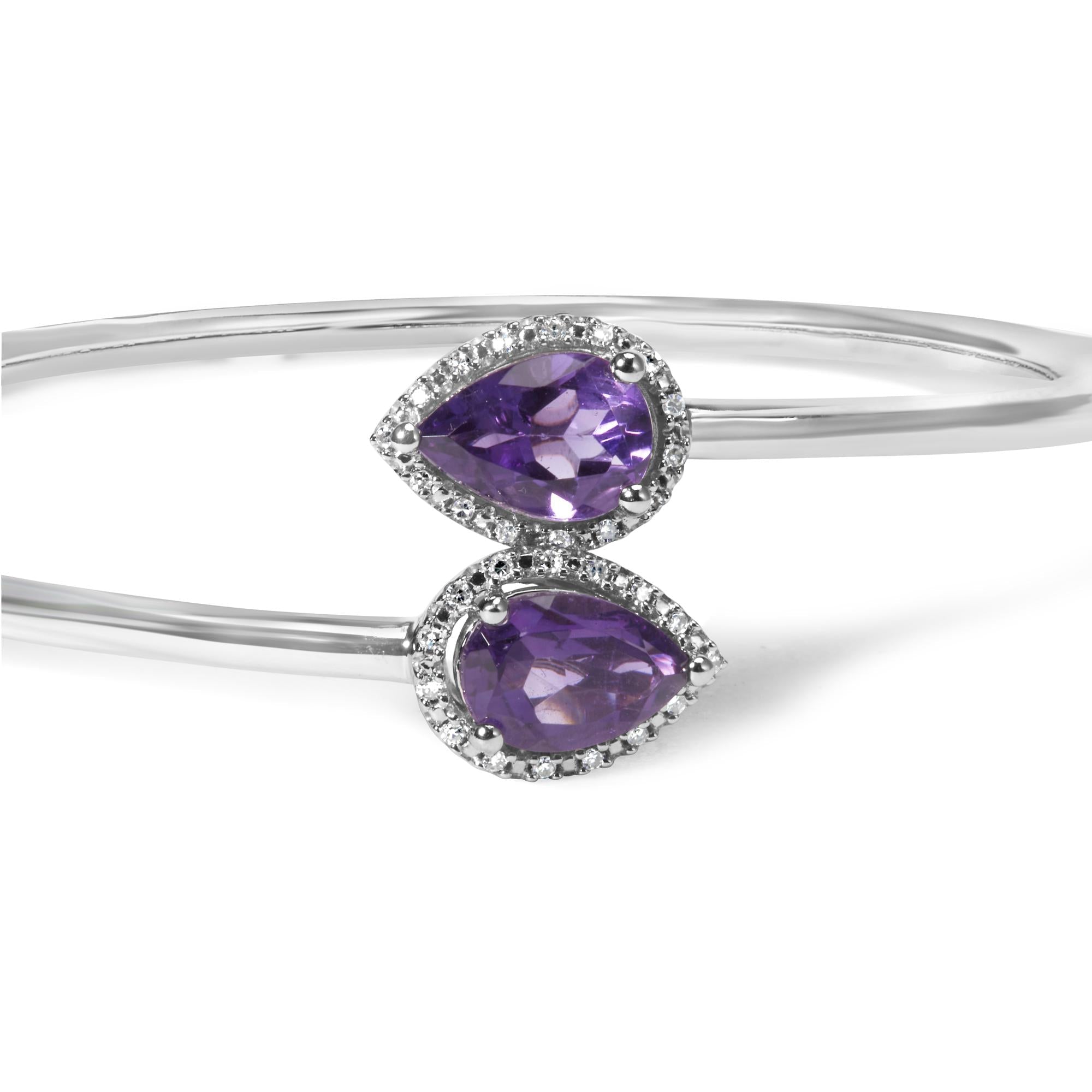 .925 Sterling Silver 8 x 5.5mm Pear Shape Amethyst  and Diamond Accent Halo Bypass Bangle Bracelet (H-I Color, SI1-SI2 Clarity)  - Fits up to 7" Inches - Friggin Jewelry