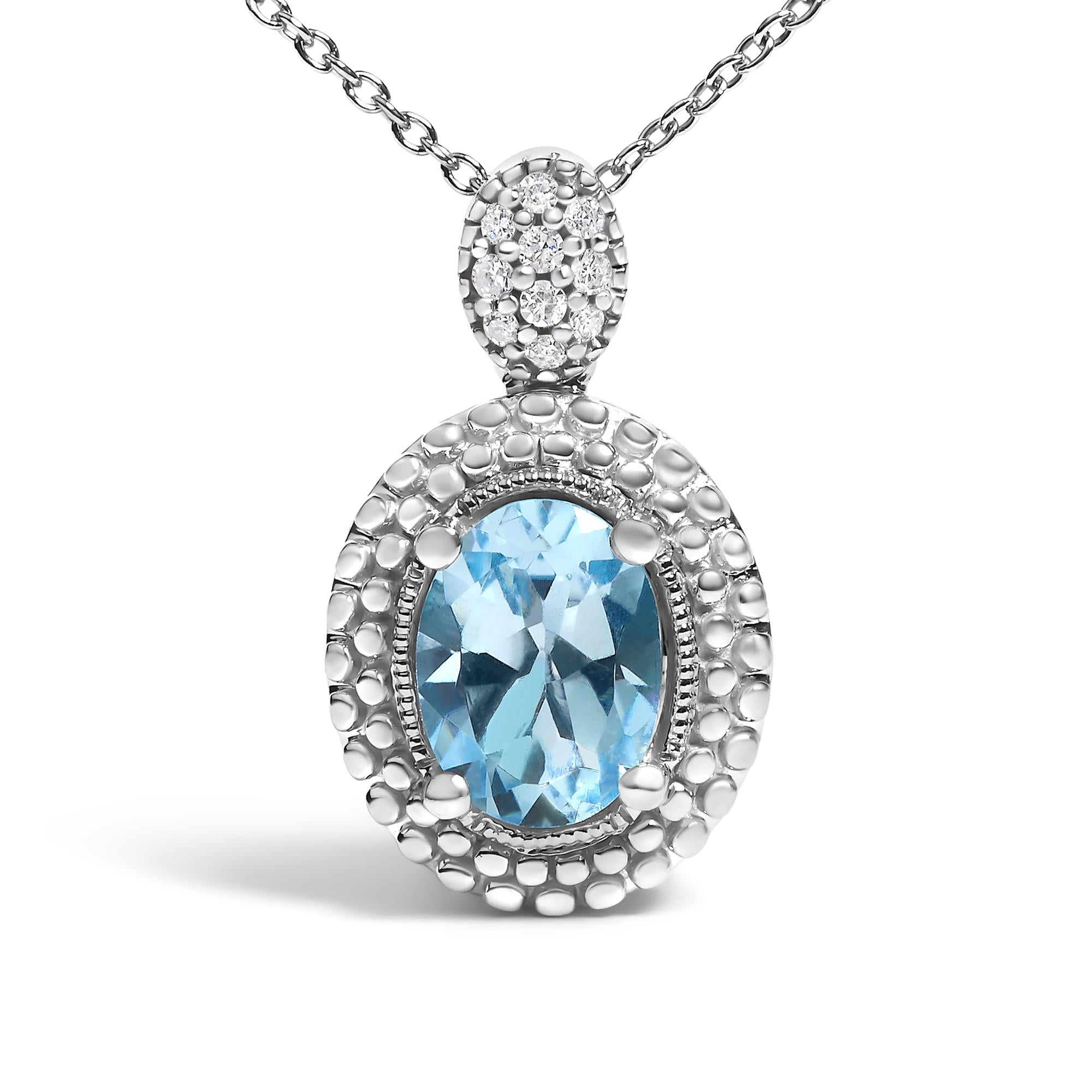 Collana con ciondolo a forma di alone di perline in argento sterling 925 con topazio blu ovale e diamanti - 18" pollici - Friggin Jewelry
