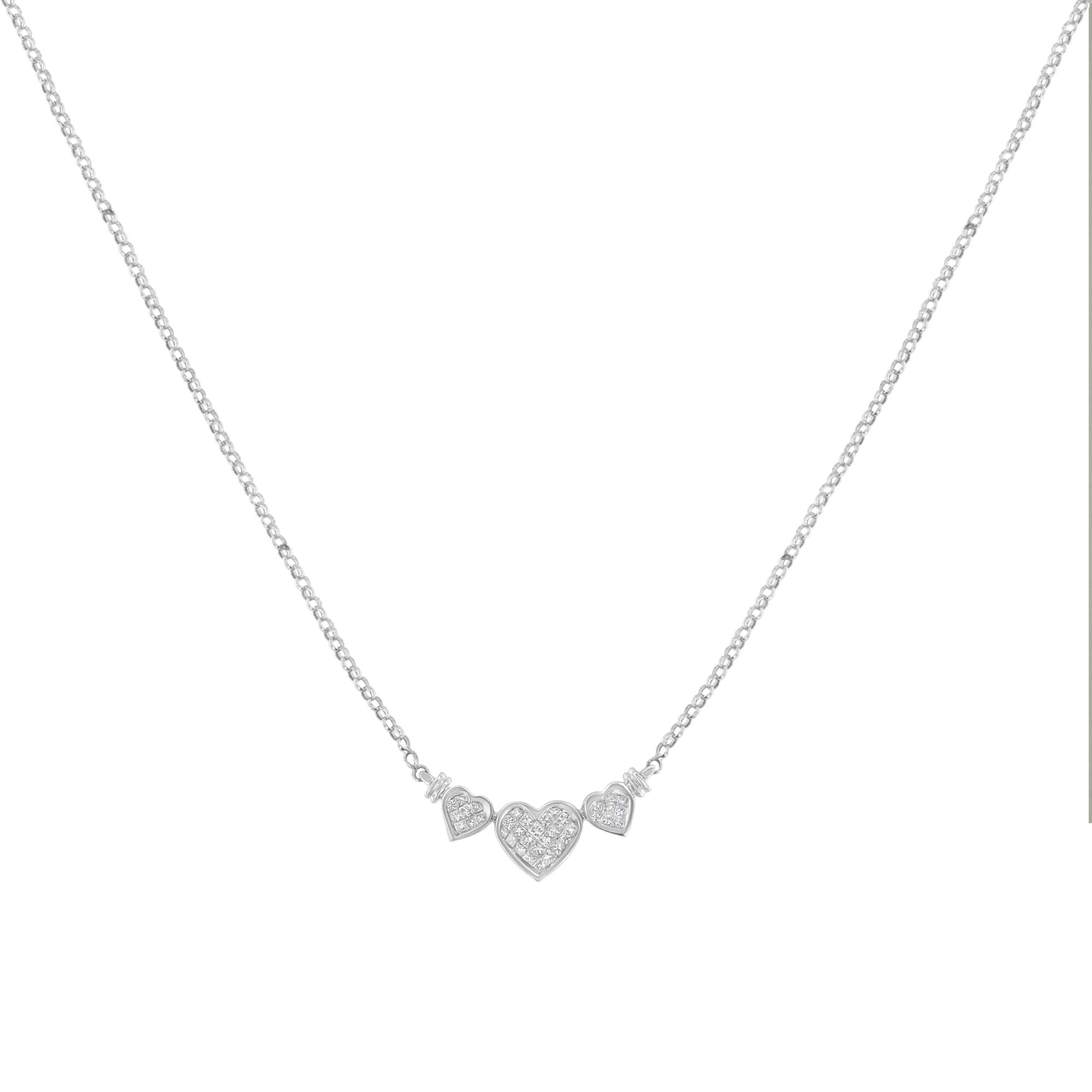 14K White Gold 1.0 Cttw Princess Cut Diamond Three Heart 18" Statement Pendant Necklace (H-I Color, SI2-I1 Clarity) - Friggin Jewelry Premium