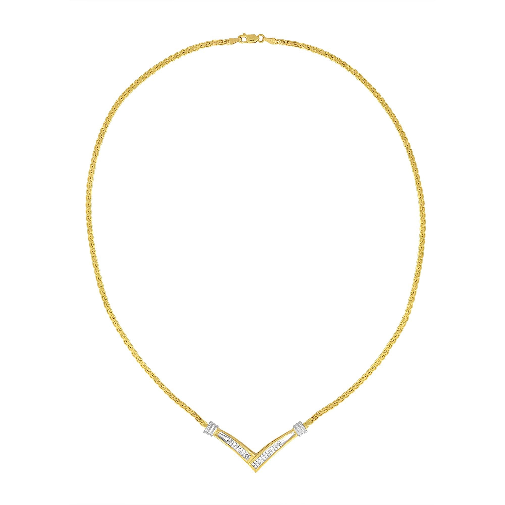 10K Yellow and White Gold 1/2 Cttw Princess Cut Diamond Channel-Set “V” Shape 18" Franco Chain Necklace (H-I Color, SI2-I1 Clarity) - Friggin Jewelry Premium