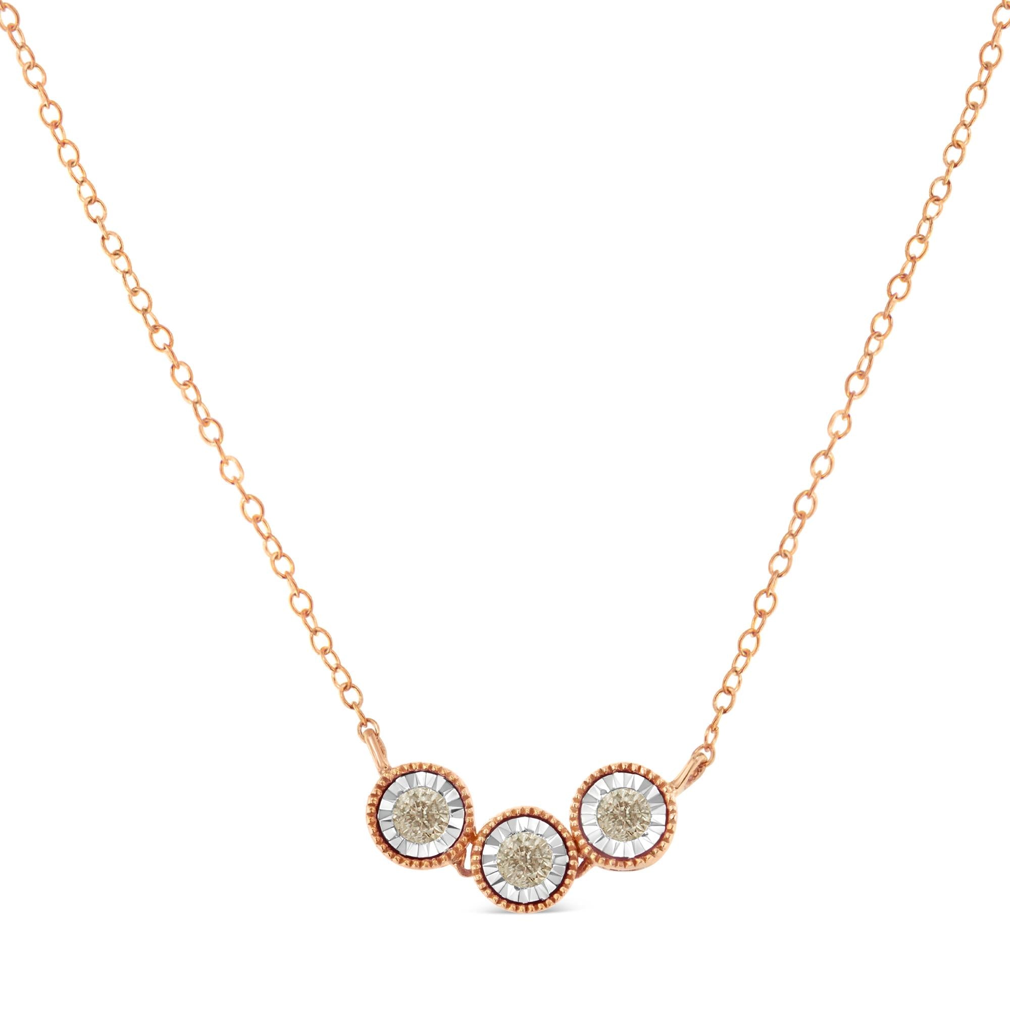 10K Rose and White Gold Plated .925 Sterling Silver 1/4 Cttw Miracle-Set Champagne Diamond Triple Circle 18" Necklace (I2-I3 Clarity) - Friggin Jewelry