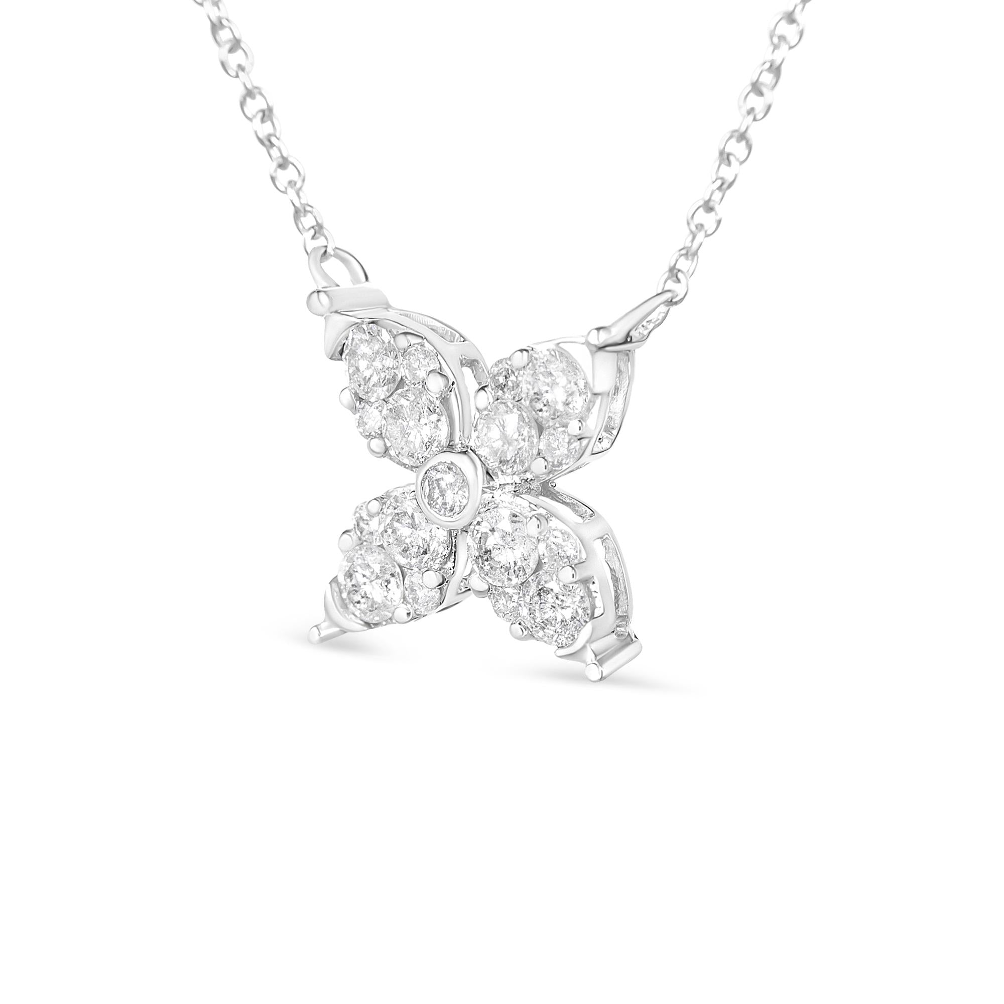 Collar con colgante ajustable de trébol de cuatro hojas en forma de marquesa con diamantes redondos brillantes de 1/2 quilates en oro blanco de 10 quilates (40,6-45,7 cm) (color IJ, claridad I1-I2) - Friggin Jewelry