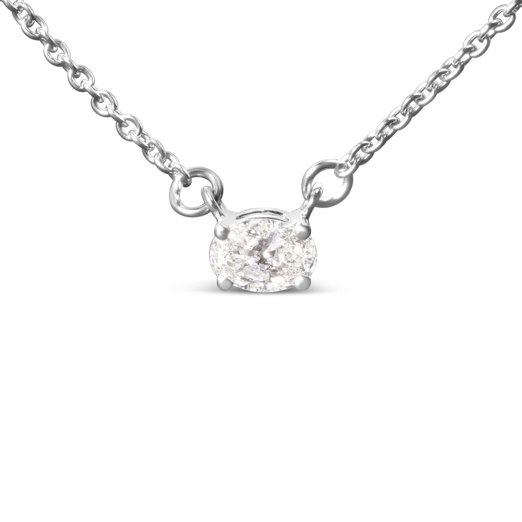 14K White Gold 1/4 Cttw Lab Grown Oval Solitaire Diamond East West 18" Pendant Necklace (G-H Color, VS2-SI1 Clarity) - Friggin Jewelry