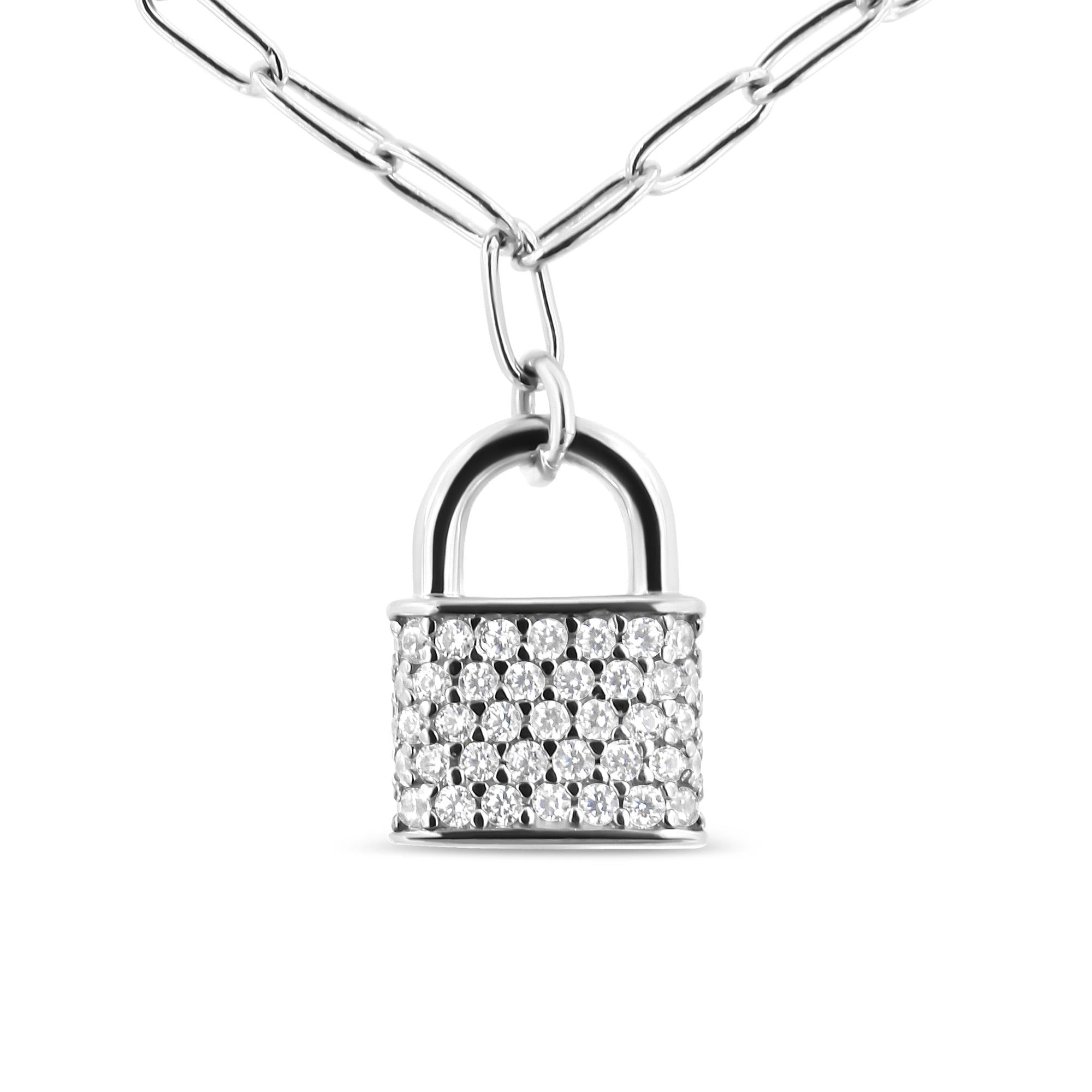 .925 Sterling Silver 1/4 Cttw Diamond Lock Pendant Necklace with Paperclip Chain (H-I Color, SI2-I1 Clarity) - Friggin Jewelry