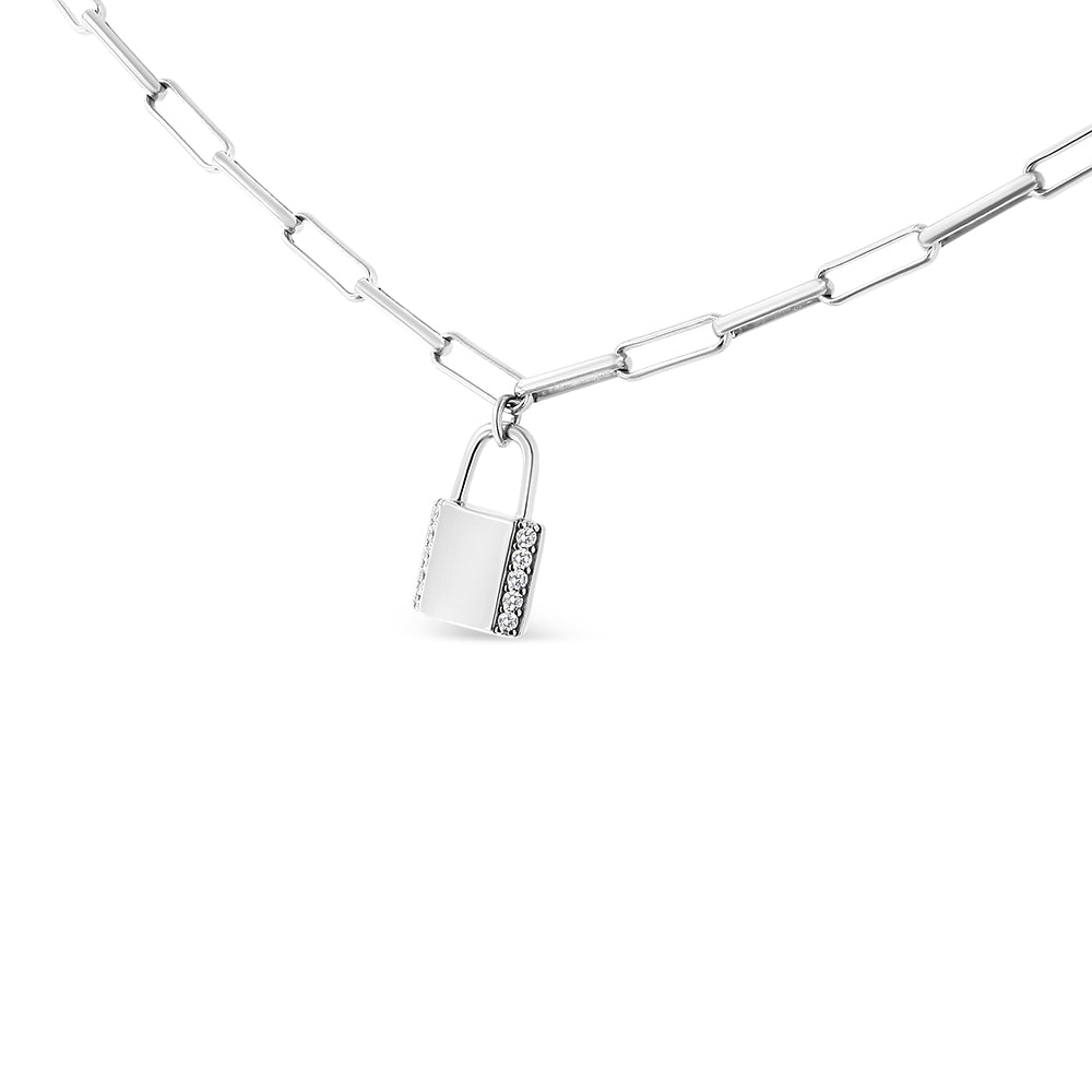 .925 Sterling Silver 1/10 Cttw Round Diamond Lock Pendant Paperclip Chin Necklace (H-I Color, SI1-SI2 Clarity) - Friggin Jewelry