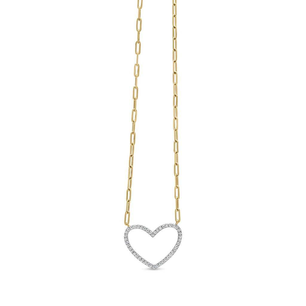 14K Yellow Gold Plated .925 Sterling Silver 1/4 Cttw Diamond Open Heart with Paperclip Chain Pendant Necklace (I-J Color, I2-I3 Clarity) - 18" Inches - Friggin Jewelry