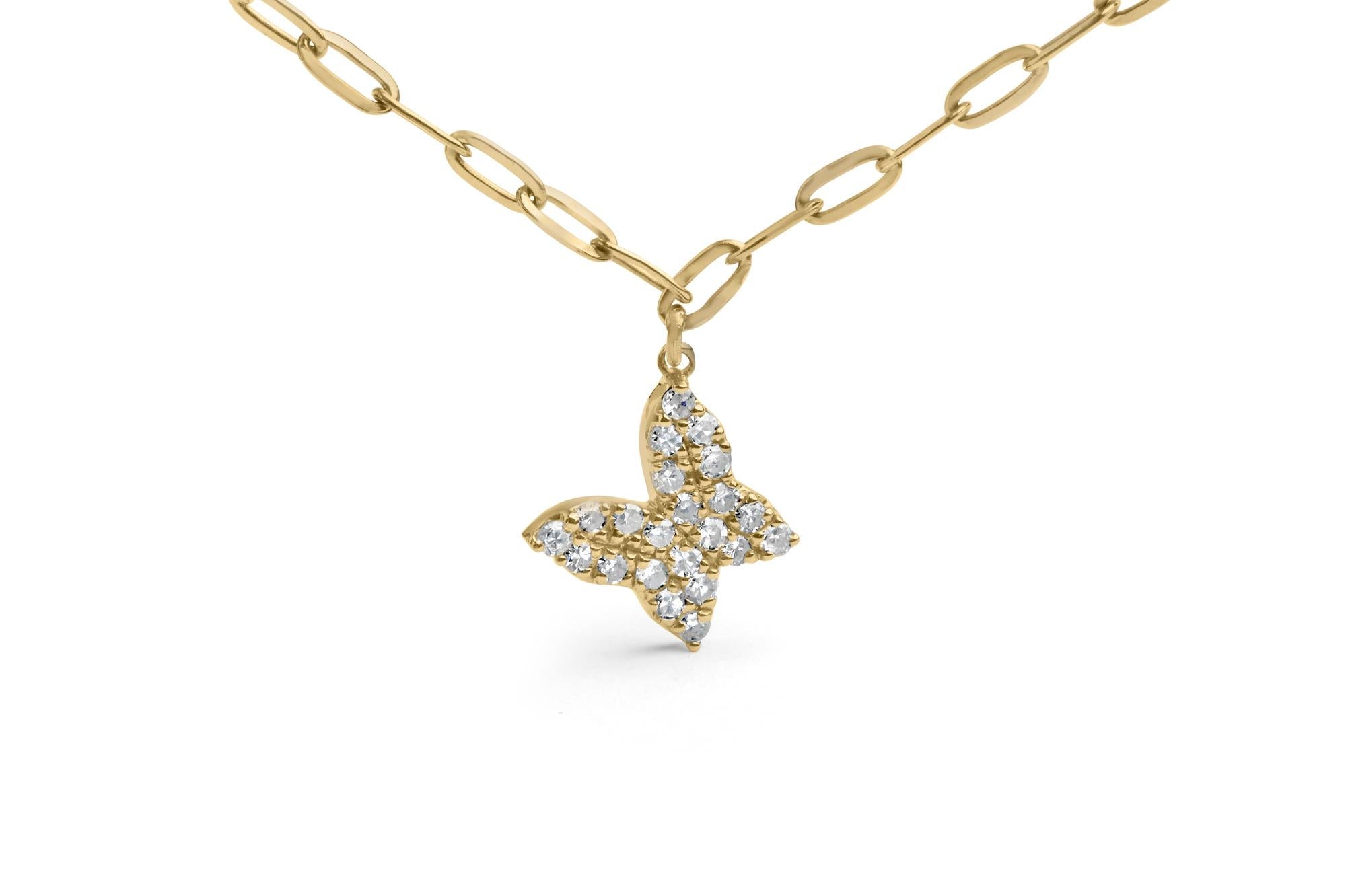 14KT Yellow Gold 1/2 Cttw Diamond Butterfly Station Paperclip Station Necklace (I-J Color, I1-I2 Clarity) - Adjustable 15"-17" Inches - Friggin Jewelry