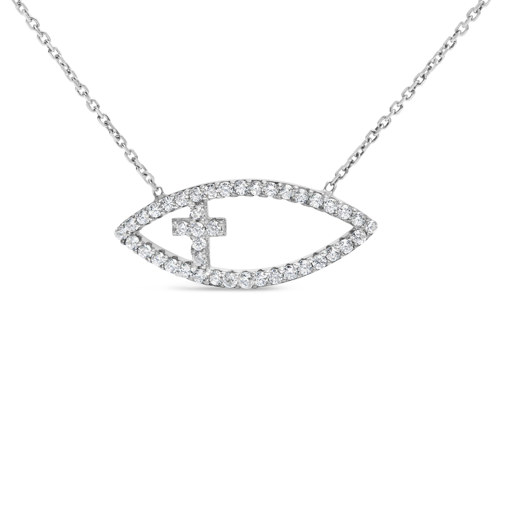 .925 Sterling Silver 1/2 Cttw Diamond Cross and Evil Eye 18" Inch Pendant Necklace (H-I Color, SI1-SI2 Clarity) - Friggin Jewelry