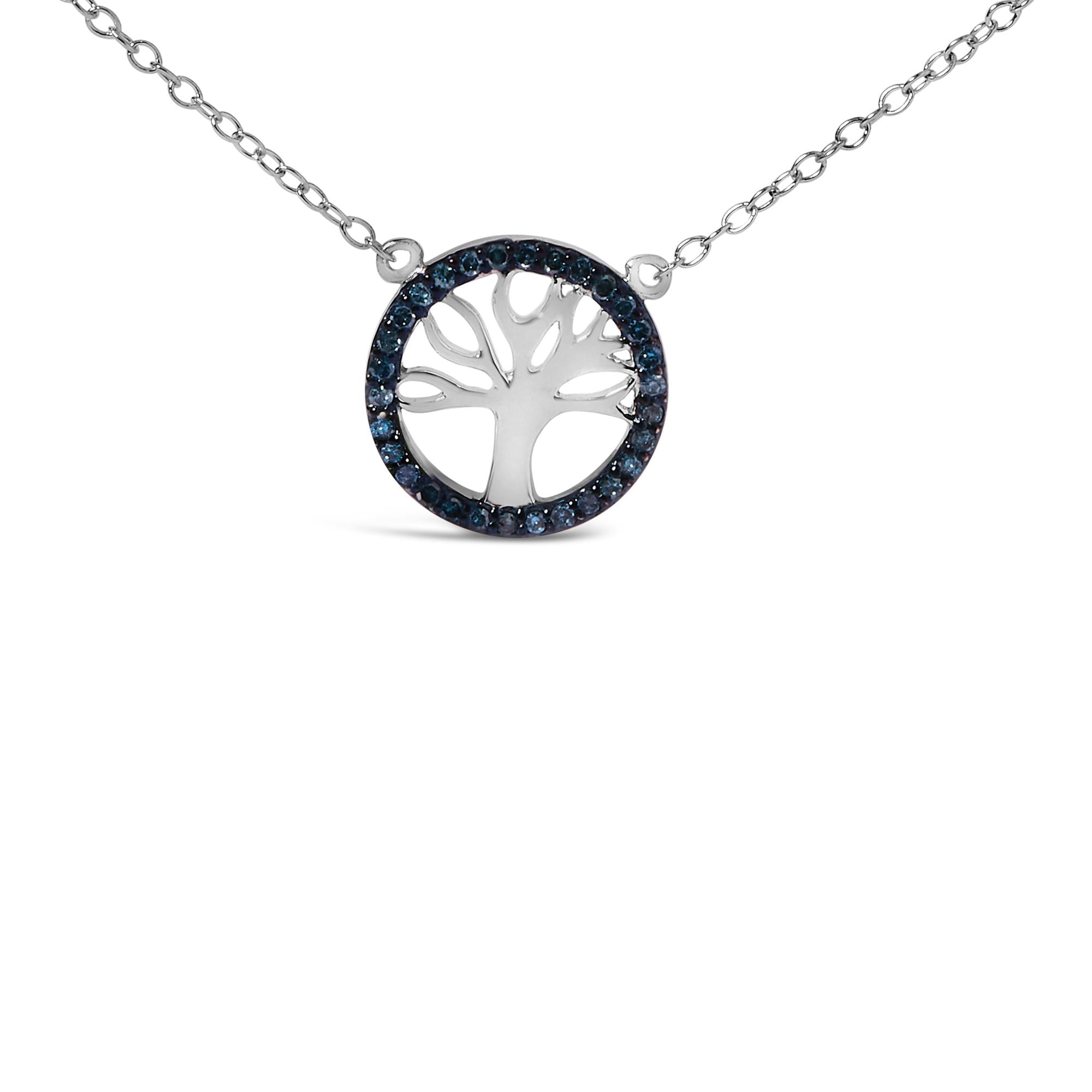 .925 Sterling Silver 1/6 Cttw Blue Diamond Tree of Life and Circle 18" Pendant Necklace (Blue Color, SI1-SI2 Clarity) - Friggin Jewelry