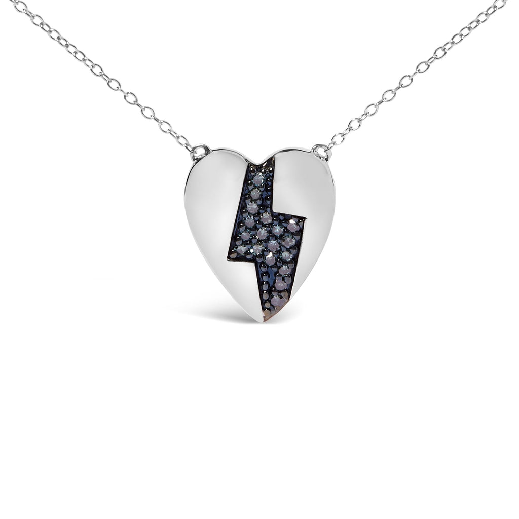 Collana con ciondolo a forma di cuore e fulmine in argento sterling 925 da 1/3 carati con diamanti blu (colore blu, purezza SI1-SI2) - 18 pollici - Friggin Jewelry