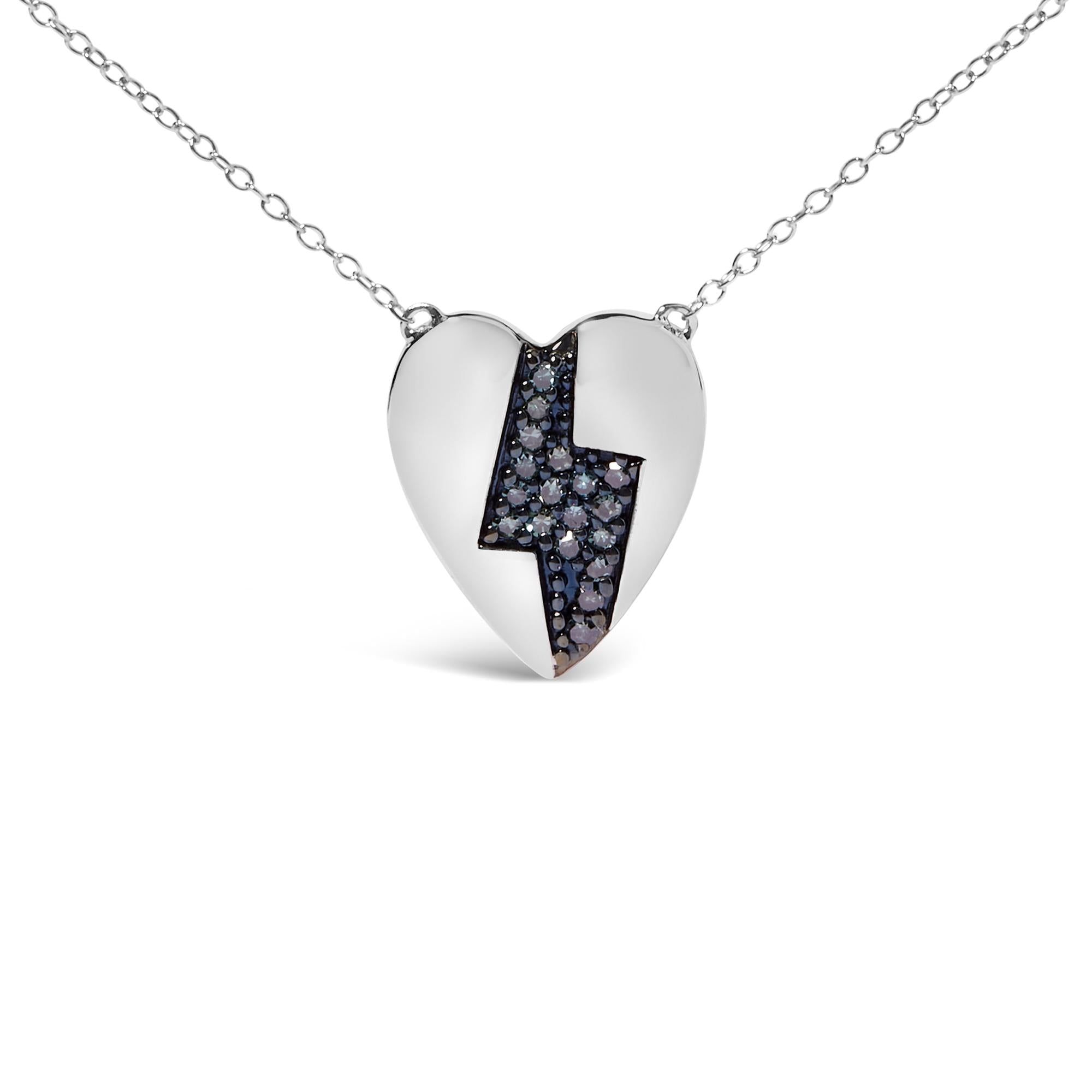925 Sterling Silver 1/3 Ctw Blue Diamond Heart and Lightning Bolt Pendant Necklace (Blue Color, SI1-SI2 Clarity) -  18" Inches - Friggin Jewelry