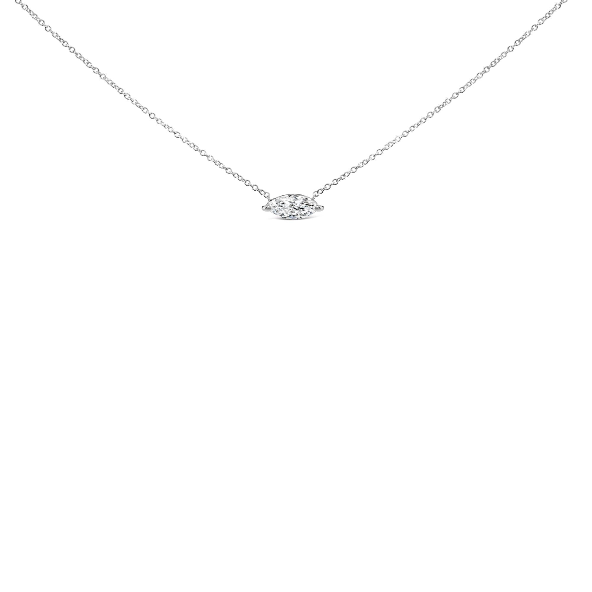 Collar con colgante solitario Este-Oeste de 18" en oro blanco de 14 quilates con diamante cultivado en laboratorio de 1/2 quilates y talla marquesa (color FG, claridad VS2-SI1) - Friggin Jewelry