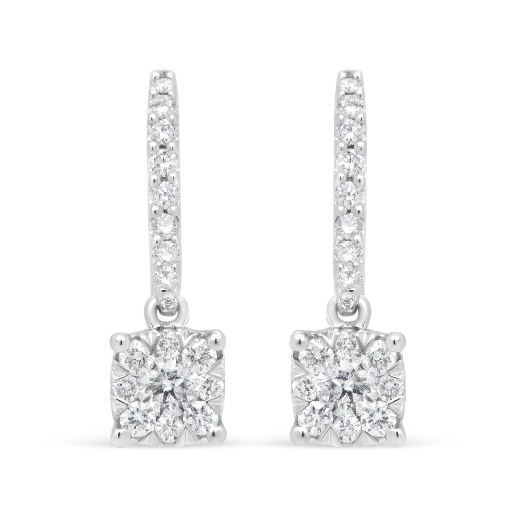 14K White 1/2 Cttw Round Diamond Halo Dangle Hook Earring - (H-I Color, SI2-I1 Clarity) - Friggin Jewelry